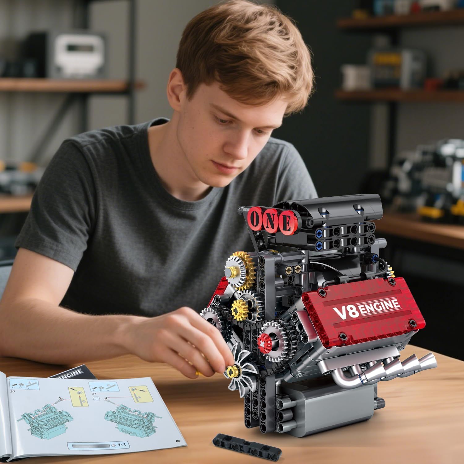 Demonstrates the product in a real-world context showing a young person engaged in building the V8 engine model, conveying the hands-on, educational, and engaging nature of the product.