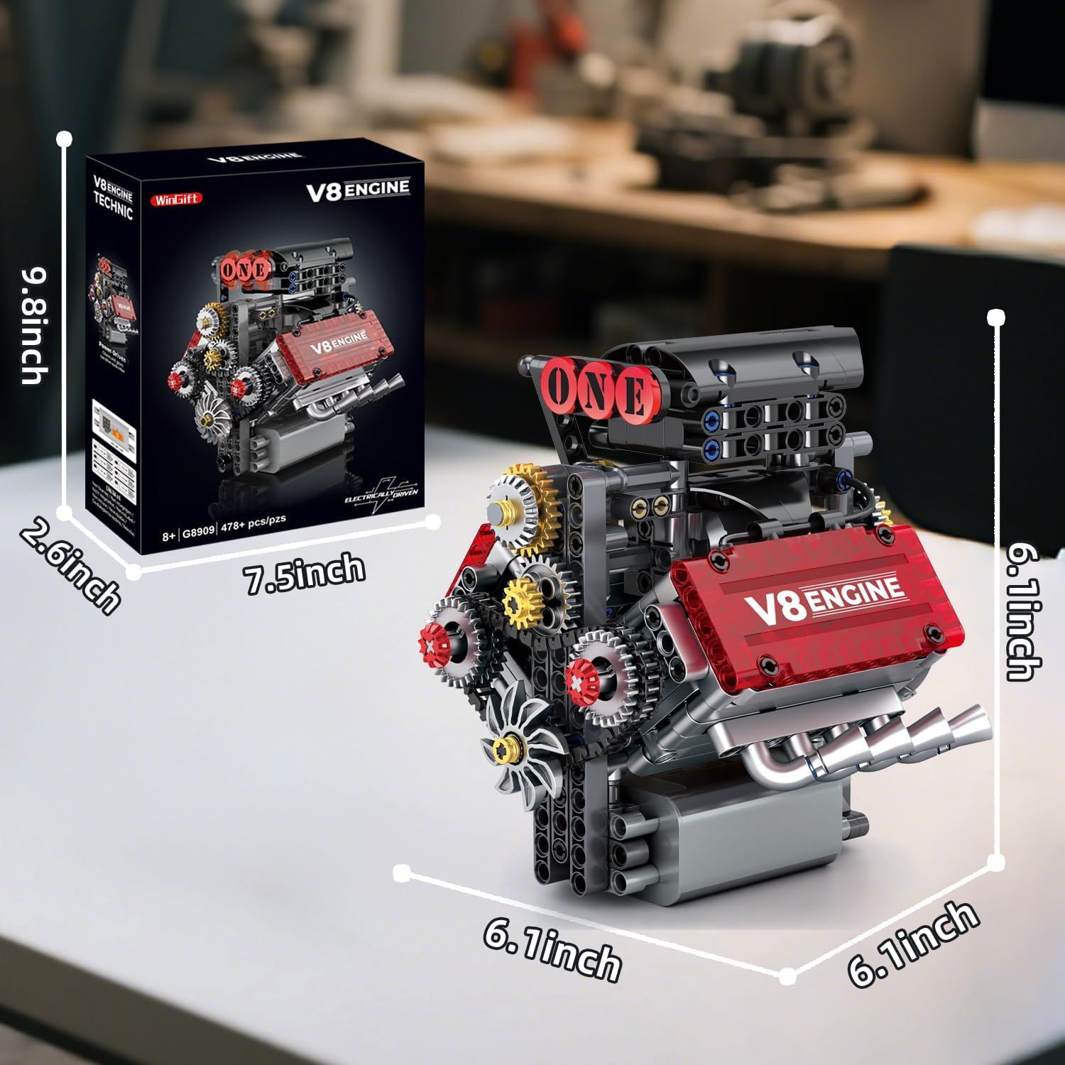 Communicates the exact physical size of both the assembled V8 engine model and its packaging using dimensional measurements to help shoppers understand the product's scale.