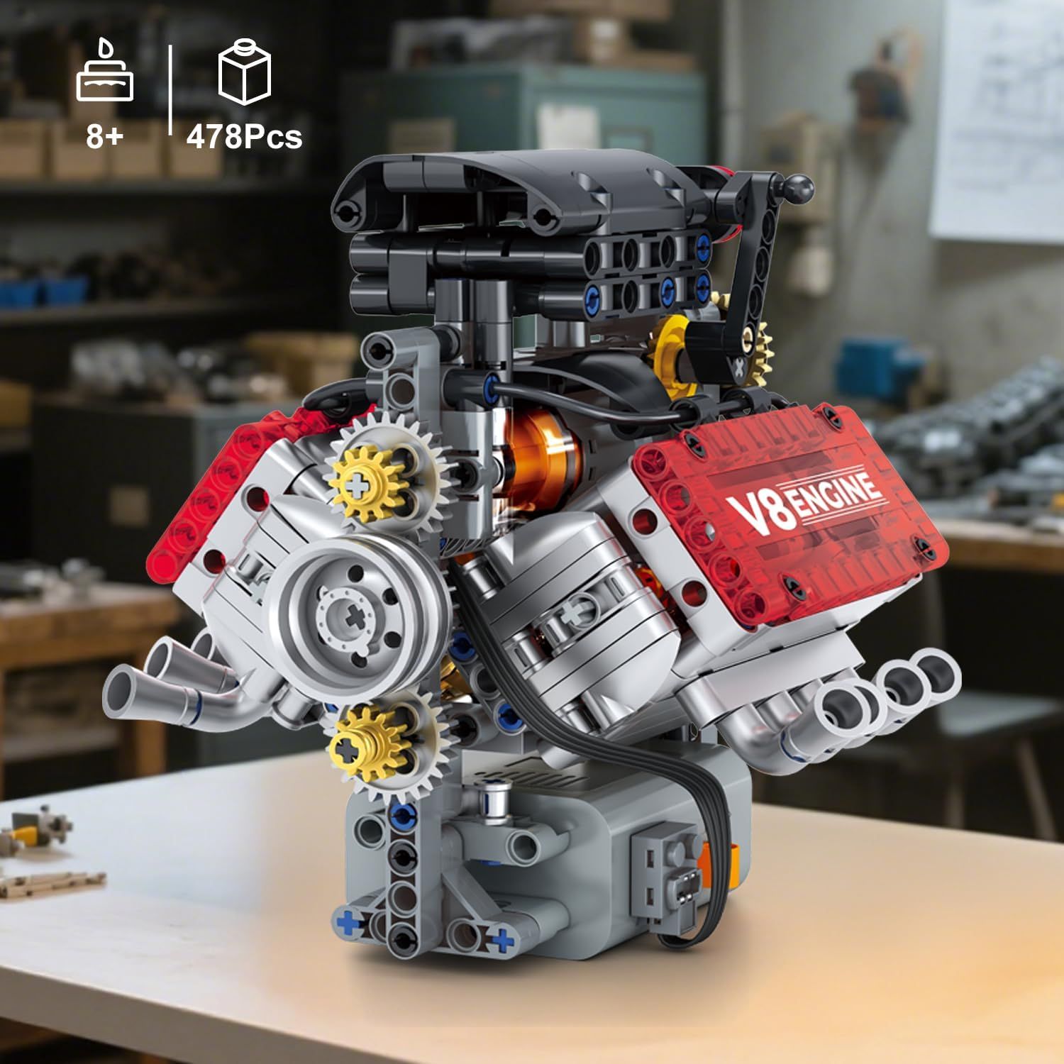 Showcases the detailed internal structure and mechanical components of the V8 engine building kit, highlighting the realistic engineering and educational value of the product. Communicates the piece…
