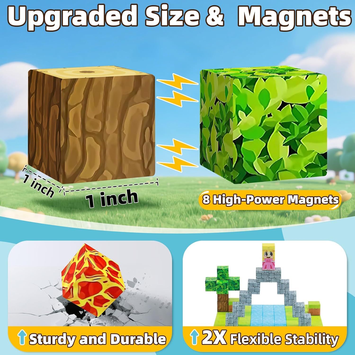 Communicates multiple product improvements including larger 1-inch size, 8 high-power magnets, sturdy construction, and 2X flexible stability to reassure shoppers of enhanced quality and performance.