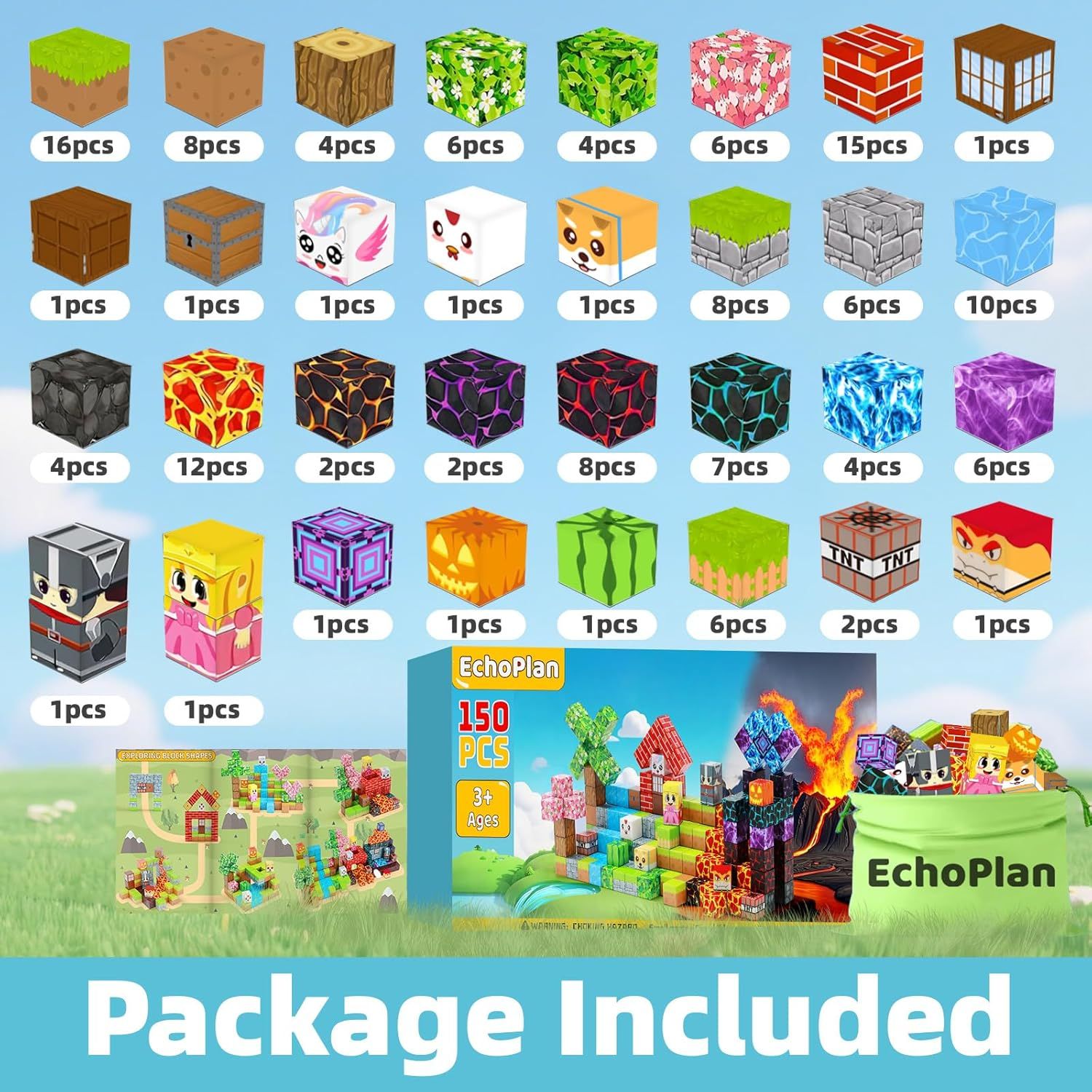 Shows the complete contents of the building block kit to help shoppers understand the variety and quantity of pieces included in the package.