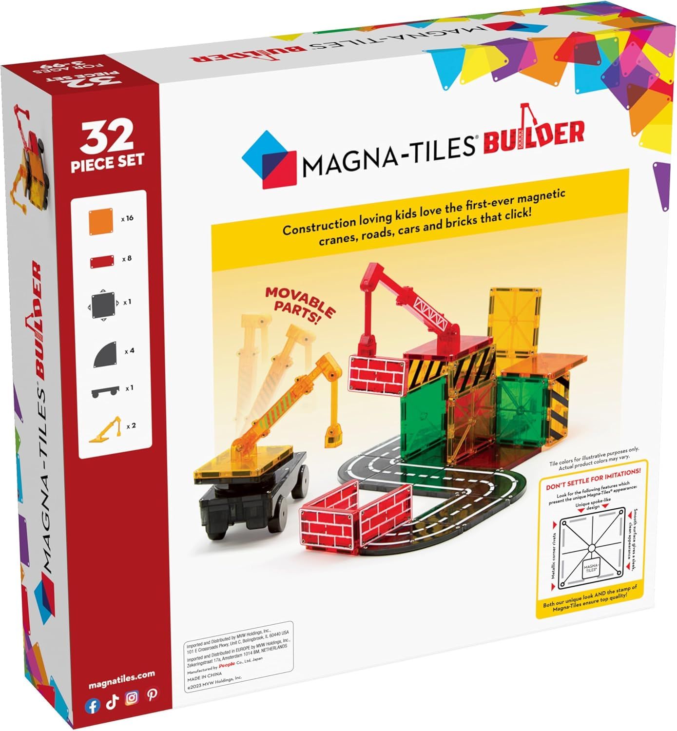 Shows all the pieces and components included in the set, helping shoppers understand what they will receive and the variety of construction elements available for play.