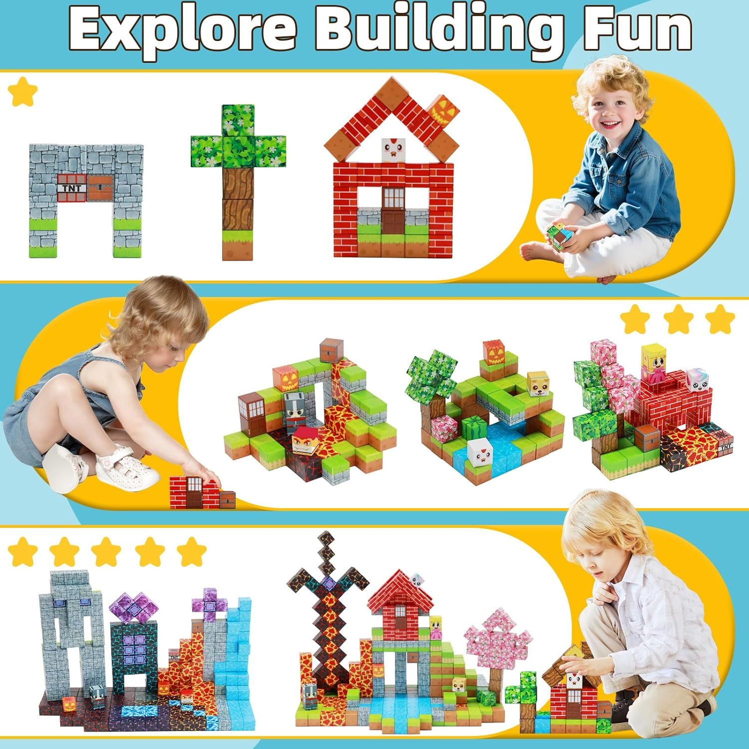 Demonstrates the versatility of the building blocks by showing multiple different structures and configurations that can be created, encouraging creative play and showcasing the product's range of…