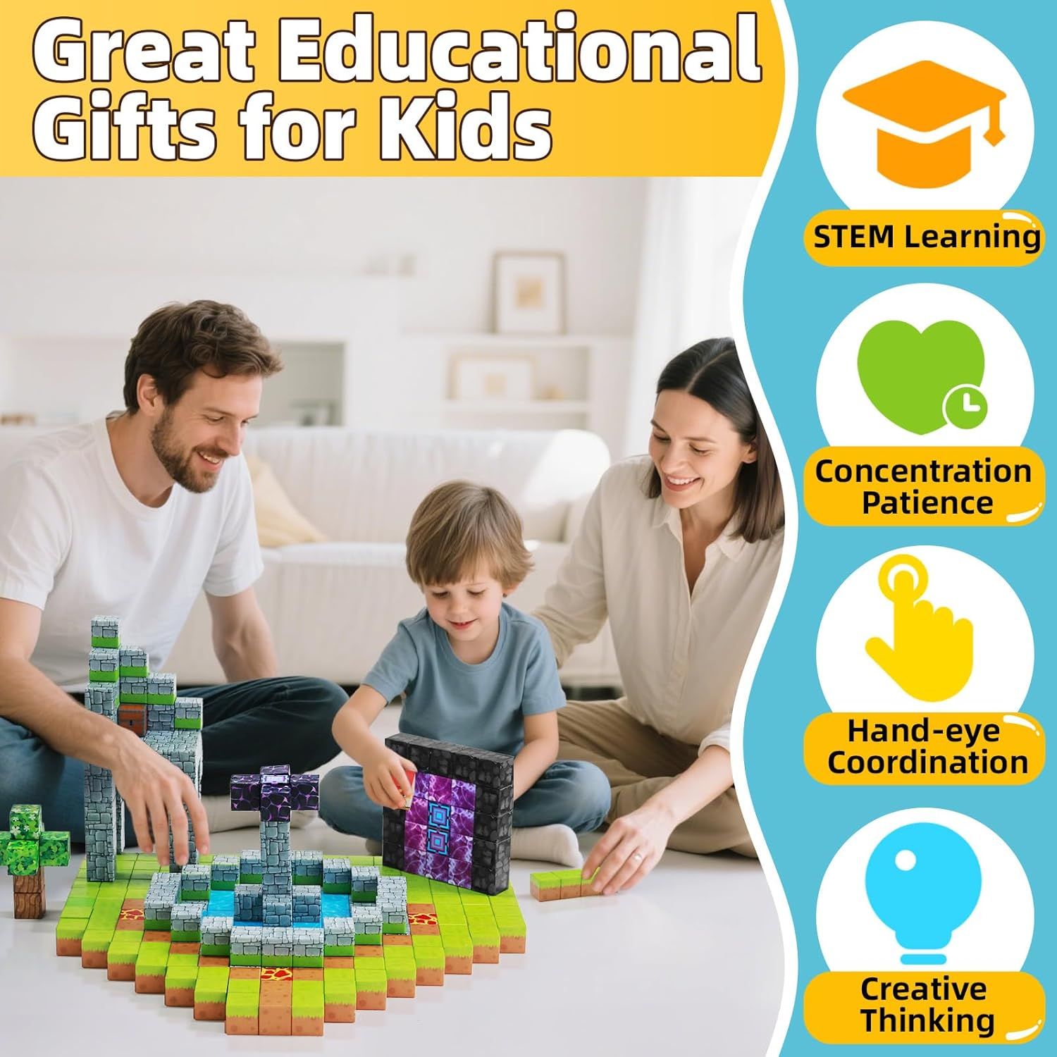 Communicates multiple educational benefits of the product to reassure parents that this toy supports child development across several key areas including STEM skills, focus, motor skills, and…