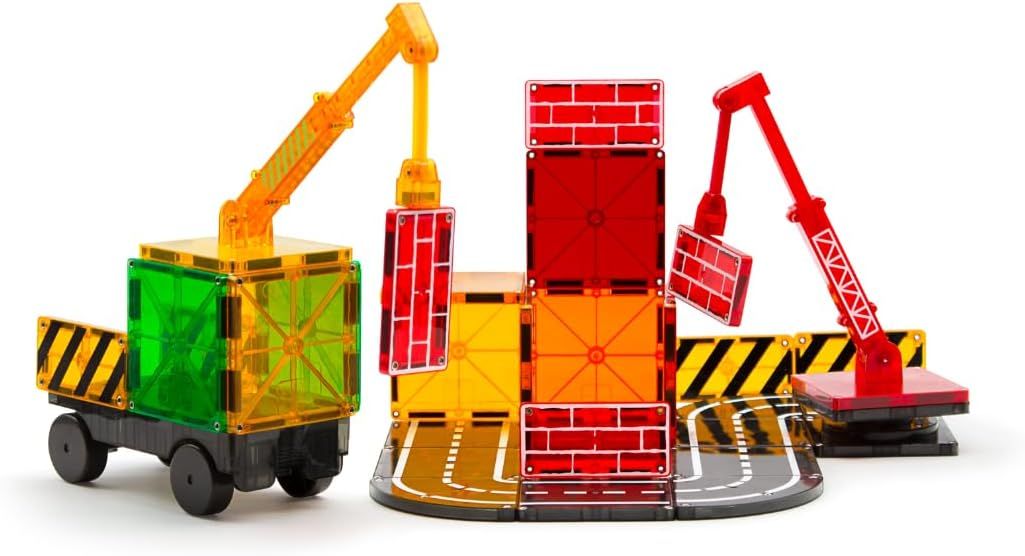 Shows all the pieces and accessories included in the magnetic construction toy set to help shoppers understand the complete contents and play value of the kit.