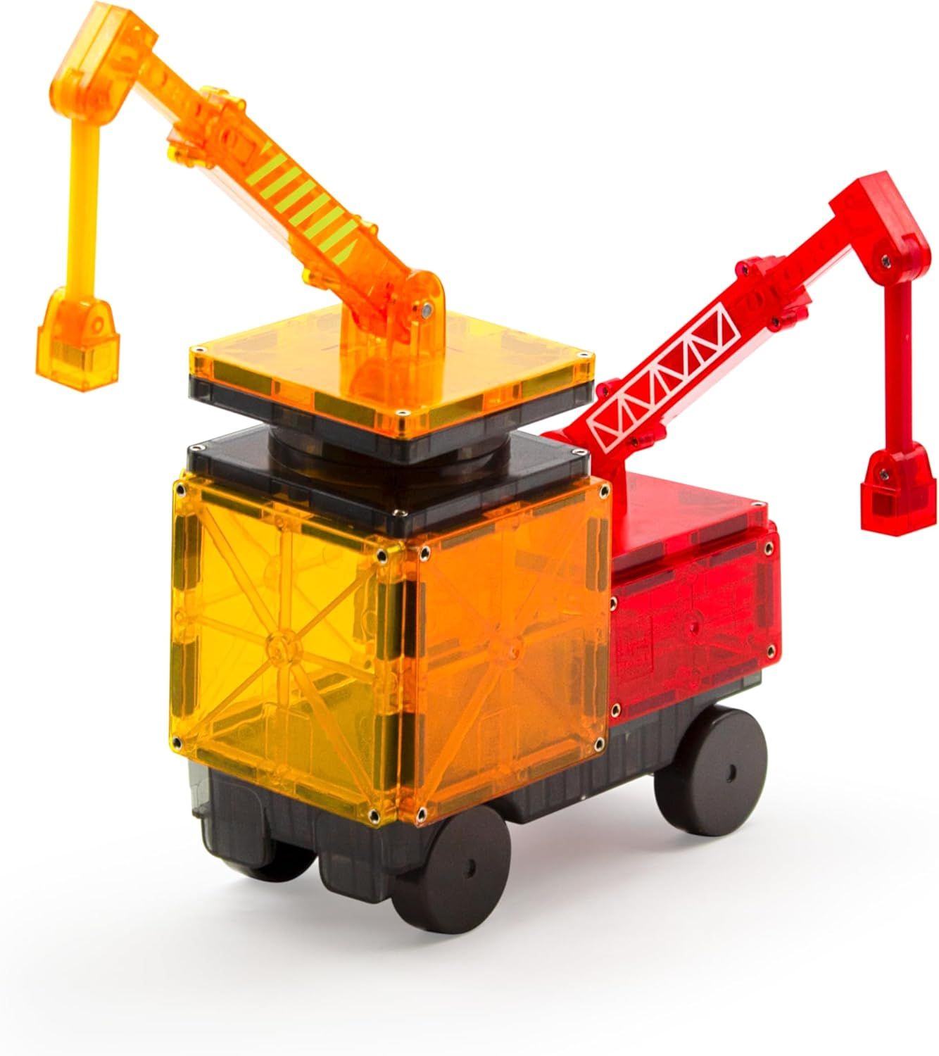 Provides a clean, catalog-style view of the magnetic construction toy vehicle with crane arms, allowing shoppers to see the product clearly without distractions.