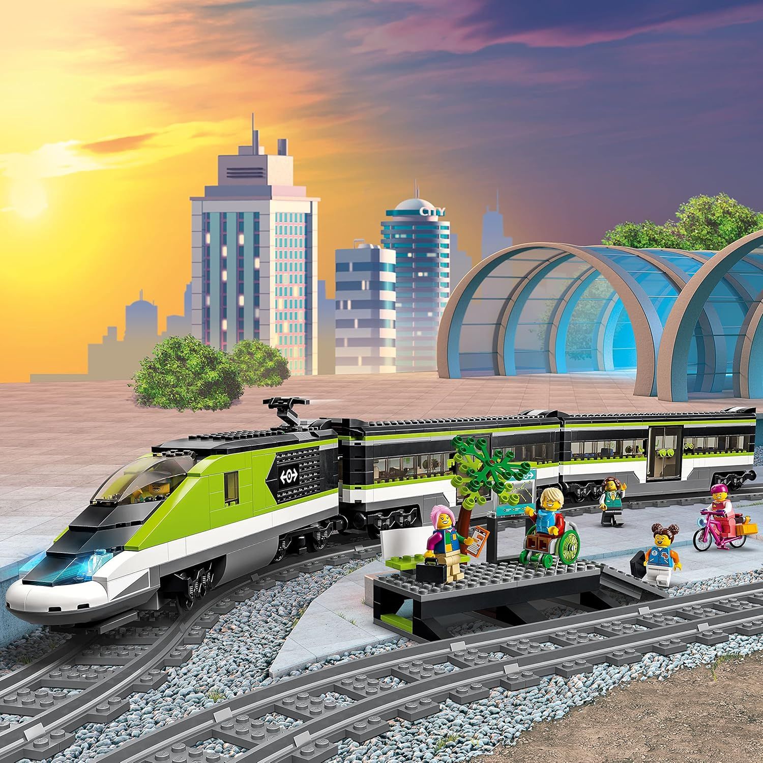 Shows the complete contents of the LEGO train set, including the train, platform, minifigures, tracks, and accessories to help shoppers understand everything included in the purchase.
