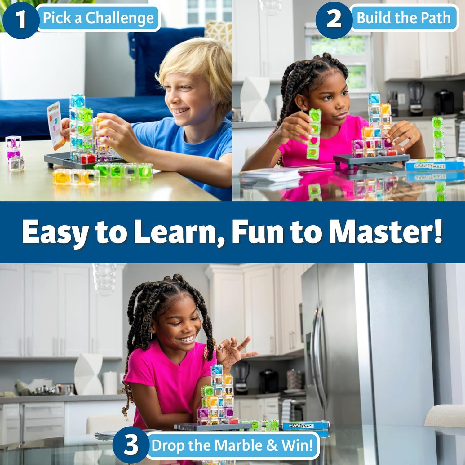 Demonstrates how to play the game through a clear sequential process: pick a challenge, build the path, and drop the marble to win. Reassures shoppers that the toy is easy to learn and engaging.