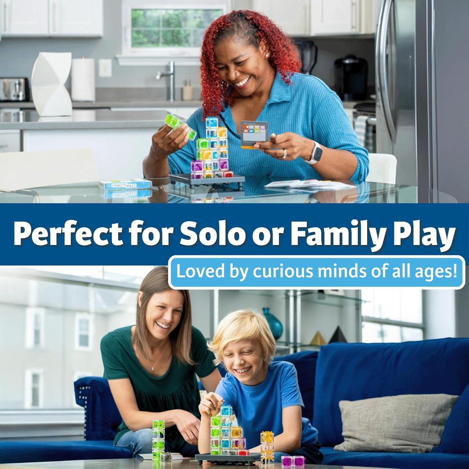 Demonstrates the product's versatility by showing it can be enjoyed both individually and as a family activity, appealing to multiple use cases and age groups.