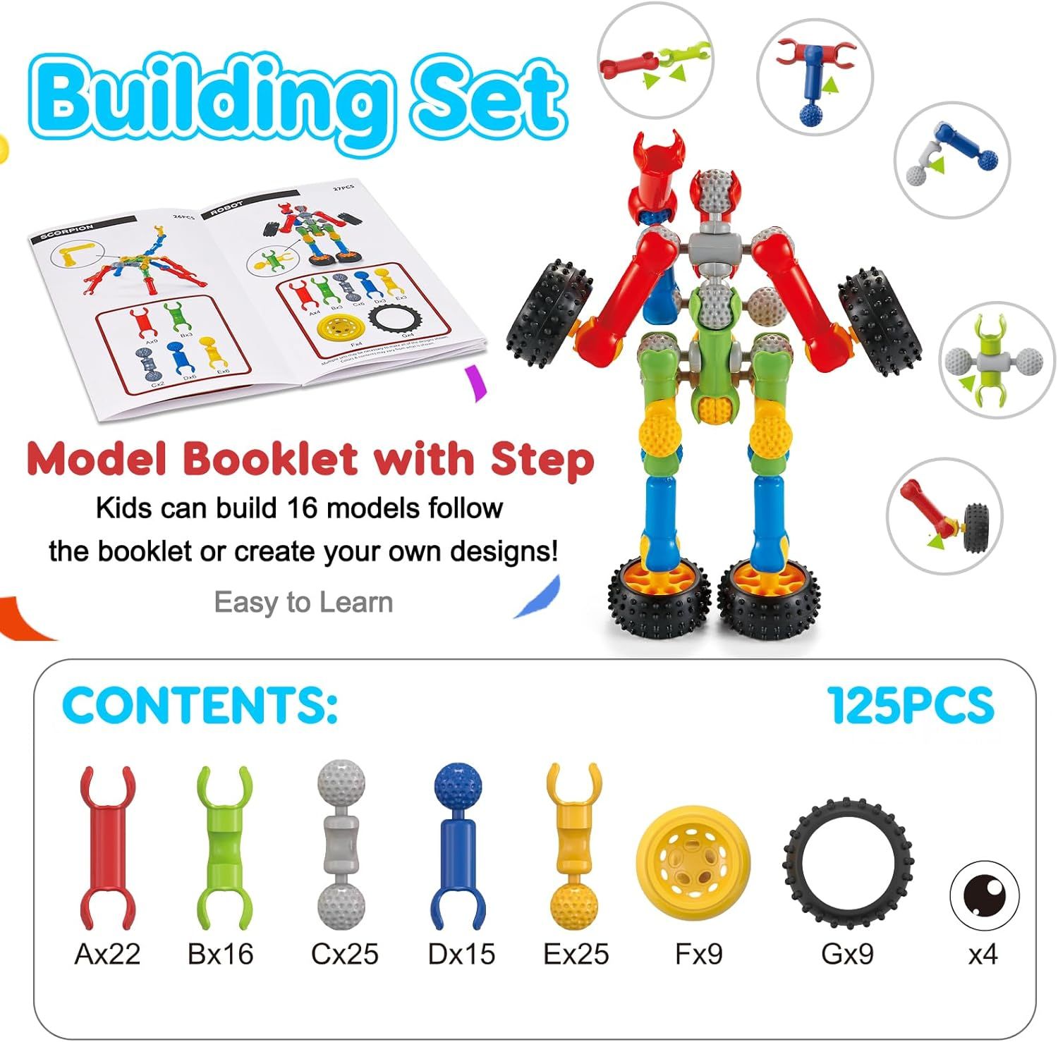 Shows everything included in the building set kit so shoppers understand the complete contents and variety of pieces they will receive.