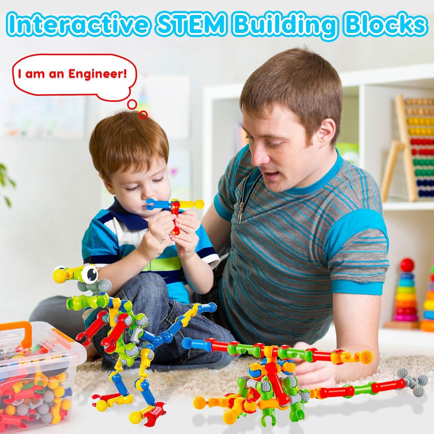 Shows the product being used in a real-world home setting with a parent and child engaged in creative STEM play, demonstrating the interactive and educational nature of the building blocks.