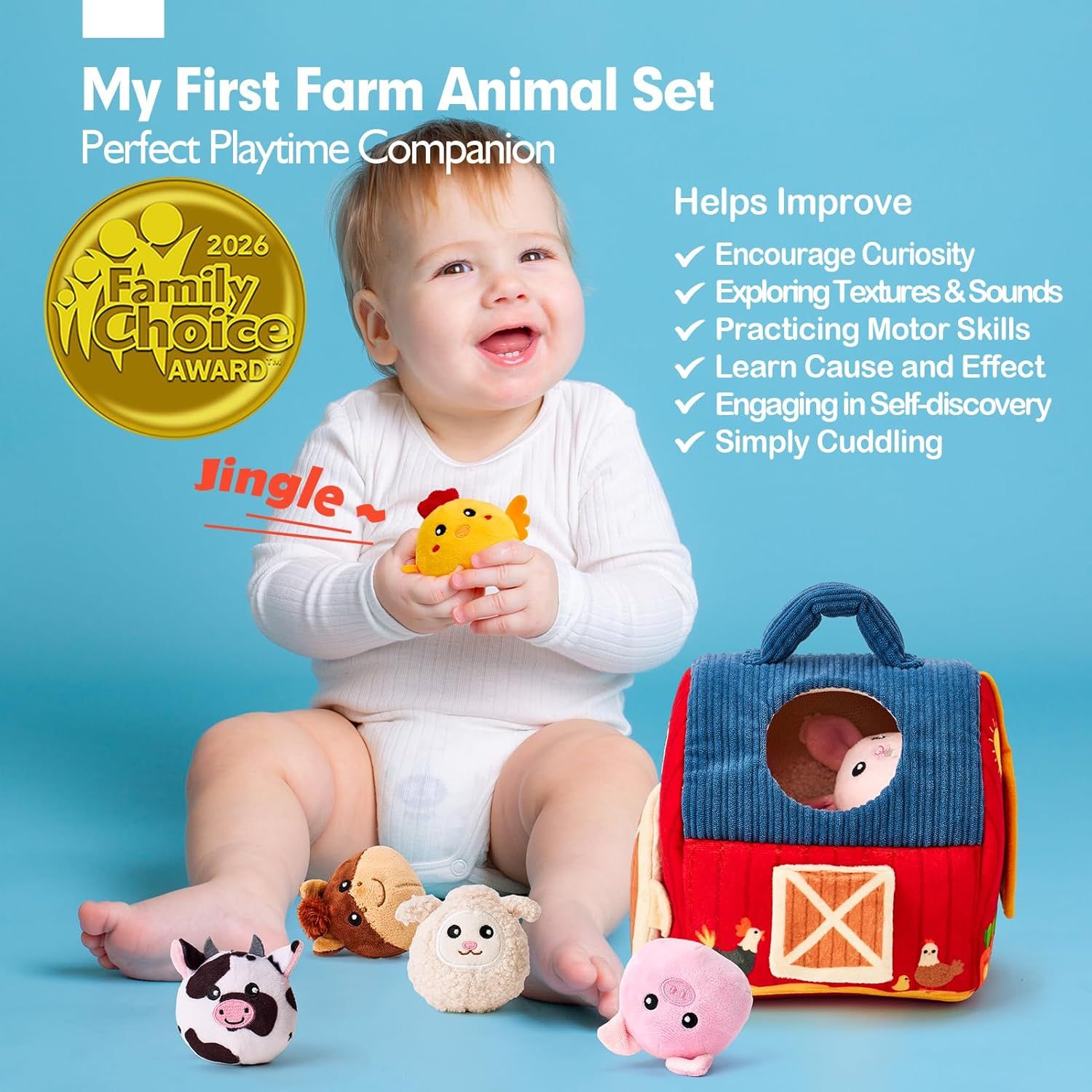 Communicates multiple developmental benefits of the farm animal toy set, showing parents how the product supports various aspects of early childhood learning and play.