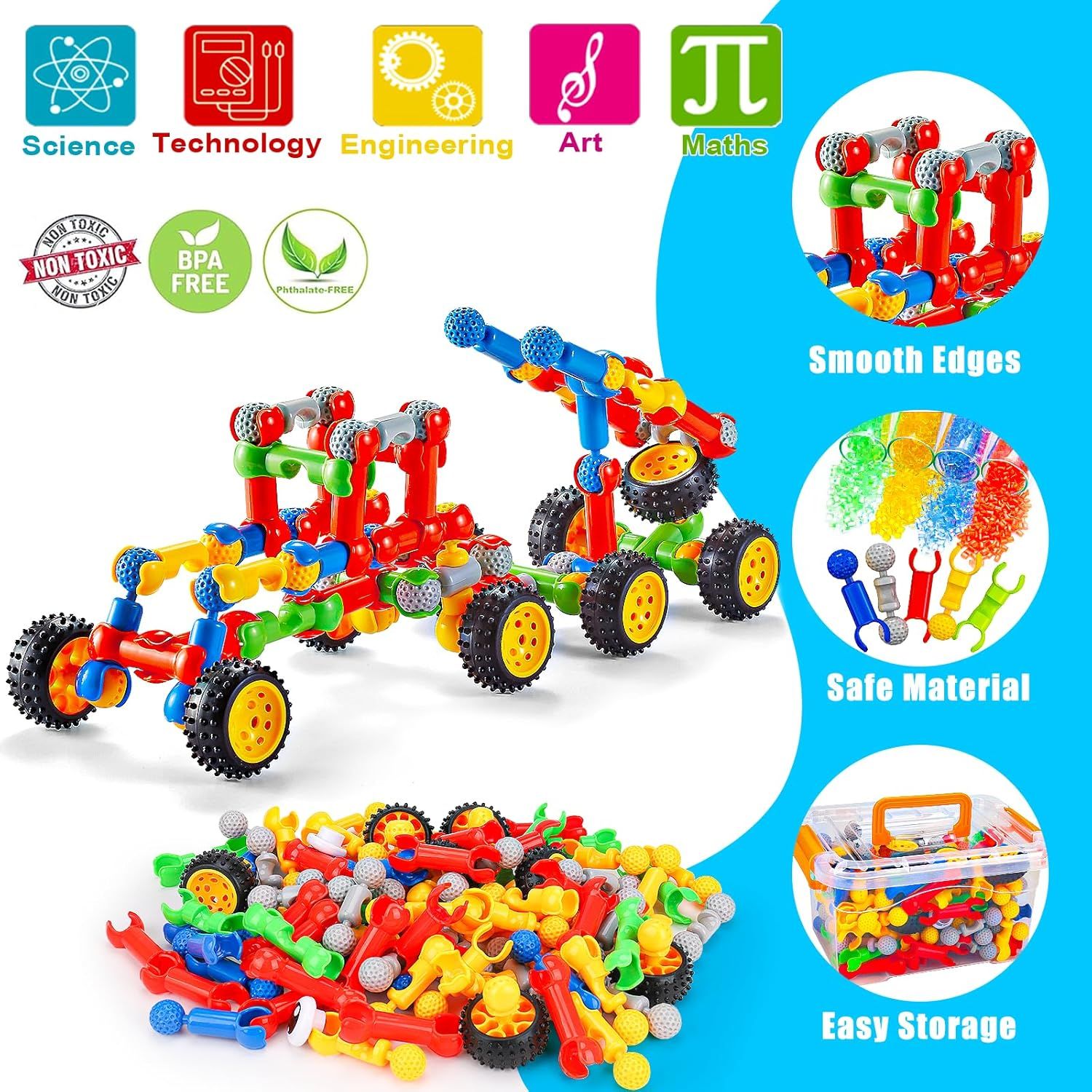 Communicates multiple key benefits of this building toy set including educational value (STEAM), safety features (smooth edges, non-toxic materials), and practical storage solution to reassure…