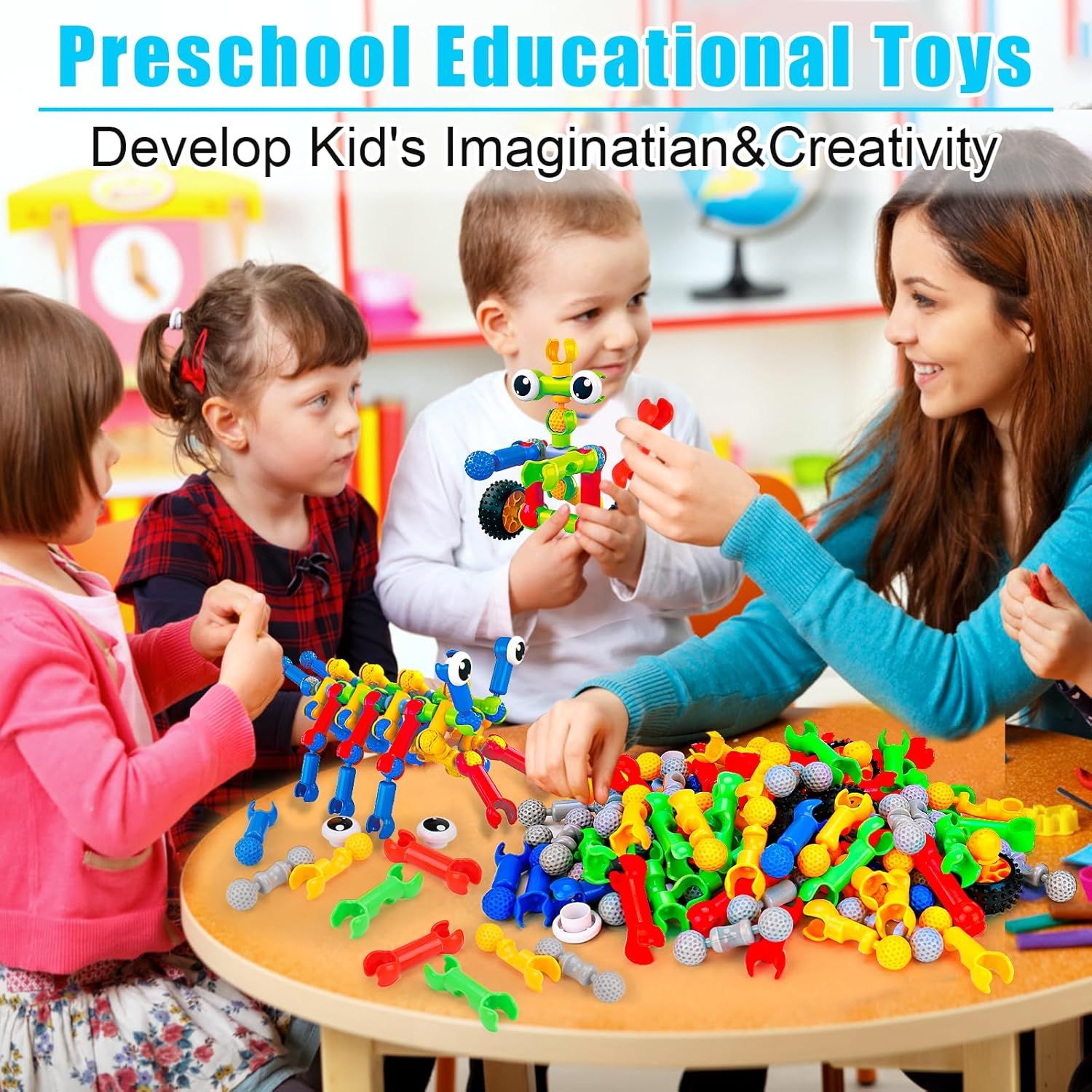 Demonstrates the product in a real-world preschool or home setting, showing children and an adult engaged in creative play to help shoppers visualize how the toy fosters learning and social…