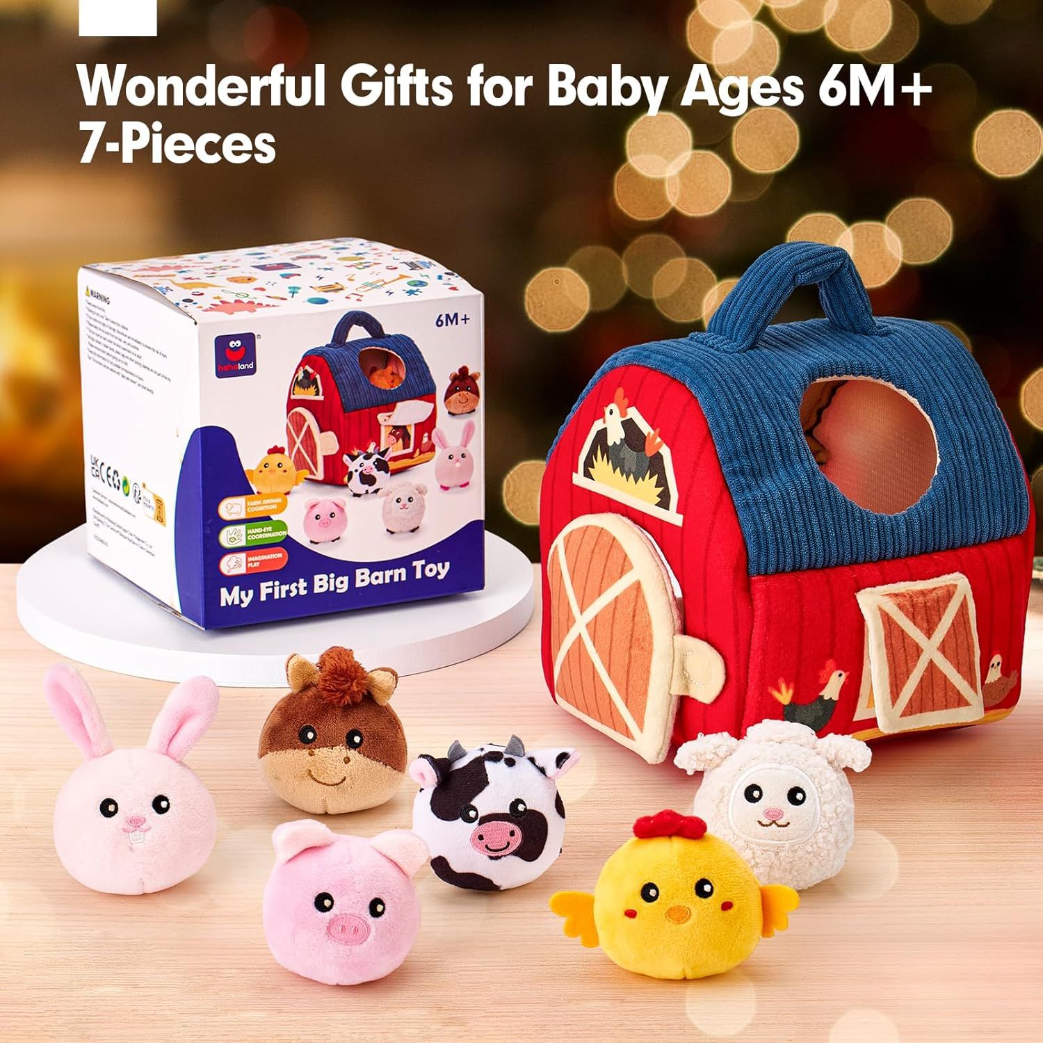 Shows all items included in the set (barn toy carrier and 6 plush farm animals) to help shoppers understand the complete package they will receive. Positions the product as a wonderful gift option…
