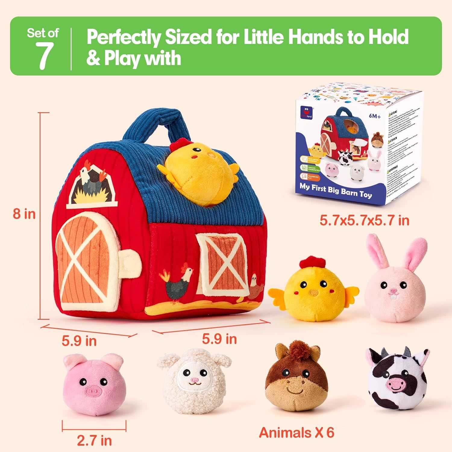 Communicates the exact physical dimensions of the barn toy, packaging, and animal figures to reassure parents that the product is appropriately sized for small children to hold and play with safely.…