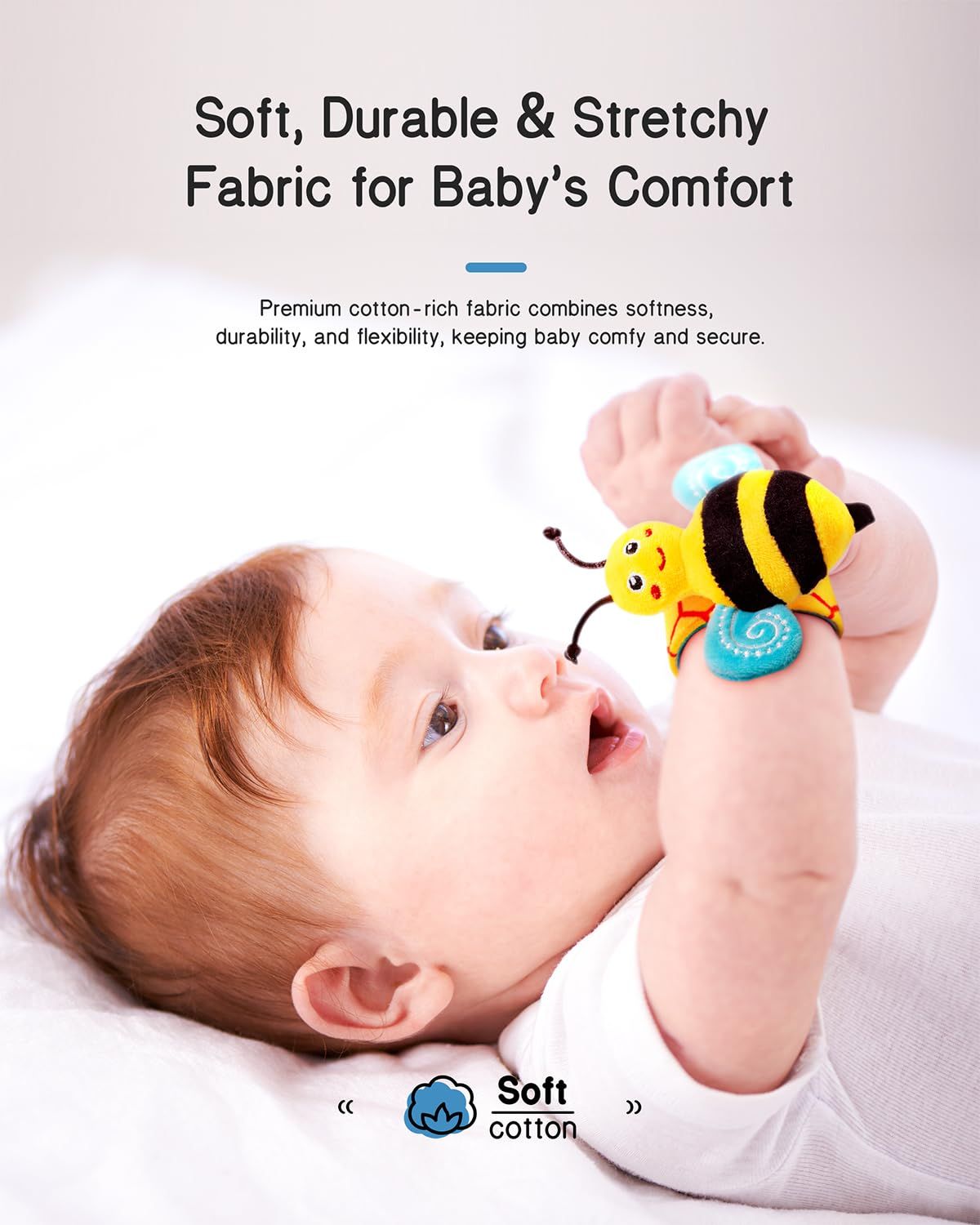 Communicates the fabric quality and comfort benefits of the product, reassuring parents that the material is soft, durable, and stretchy to keep baby comfortable and secure.
