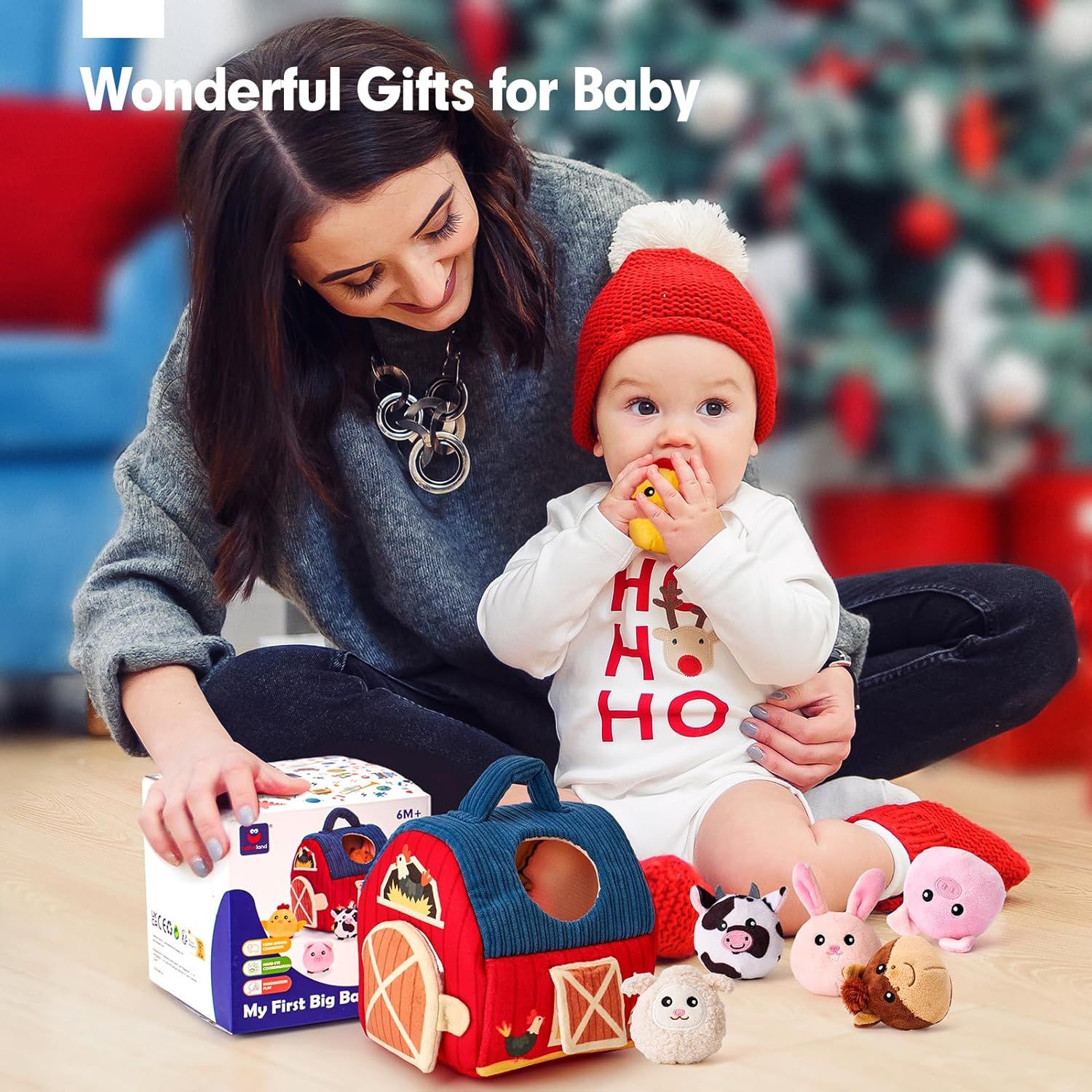 Positions the product as a perfect gift for babies during the holiday season, creating emotional appeal through festive imagery and gift messaging. Shows the product in a real-world holiday setting…