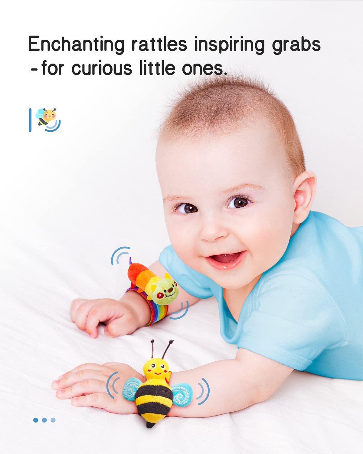 Highlights the product's ability to engage babies through enchanting rattles that inspire curiosity and encourage grasping, promoting sensory and motor skill development.