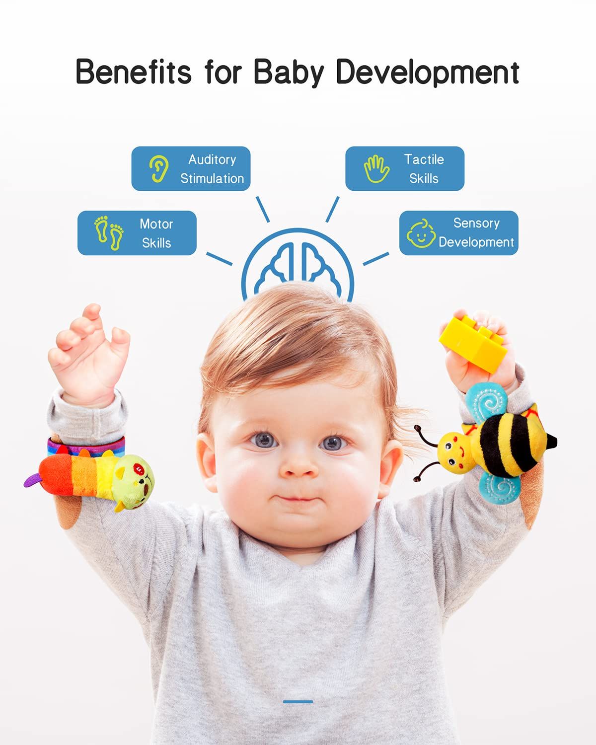 Communicates the multiple developmental benefits the product provides for babies, including auditory, tactile, motor, and sensory skills to reassure parents of its educational value.