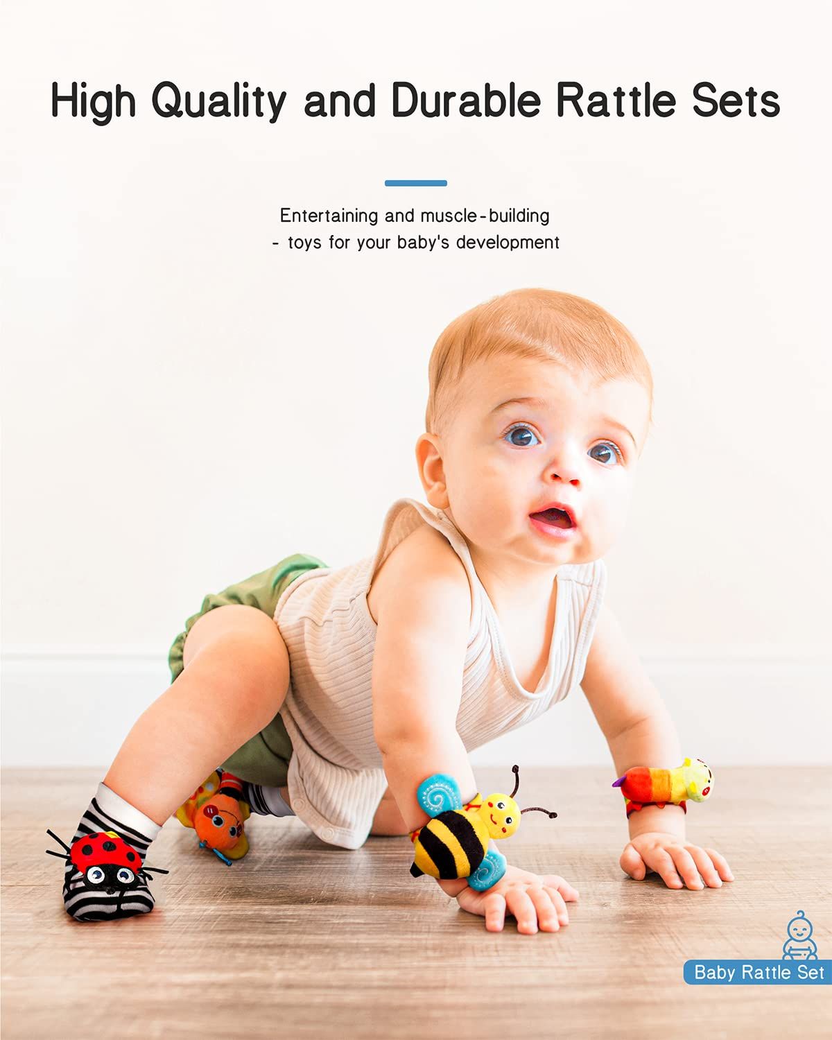 Shows the product in real-world use with a baby crawling and playing, demonstrating how the rattle toys support developmental milestones and active play.