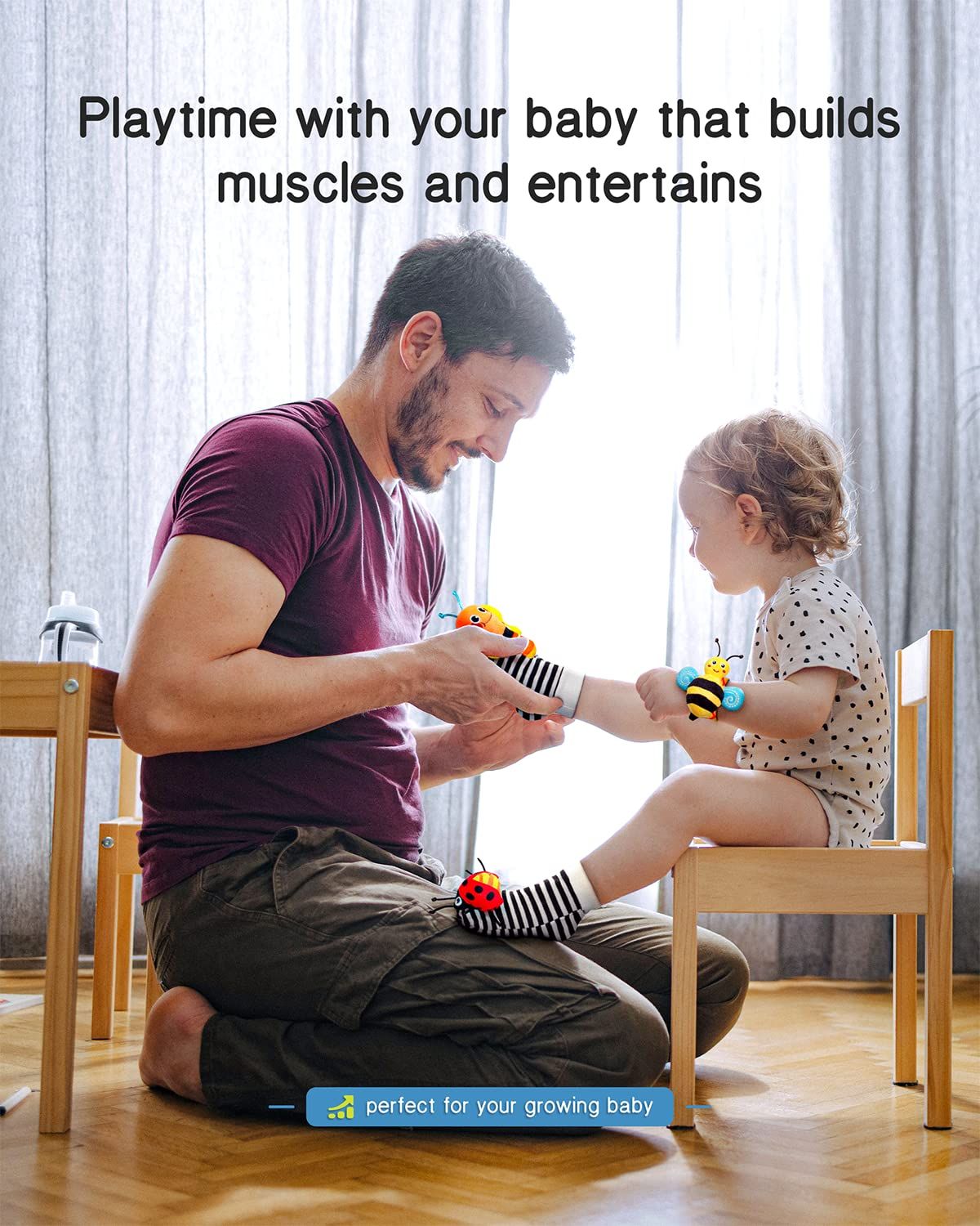 Communicates that the product provides engaging playtime that supports baby's physical development and entertainment, reassuring parents of its developmental value.