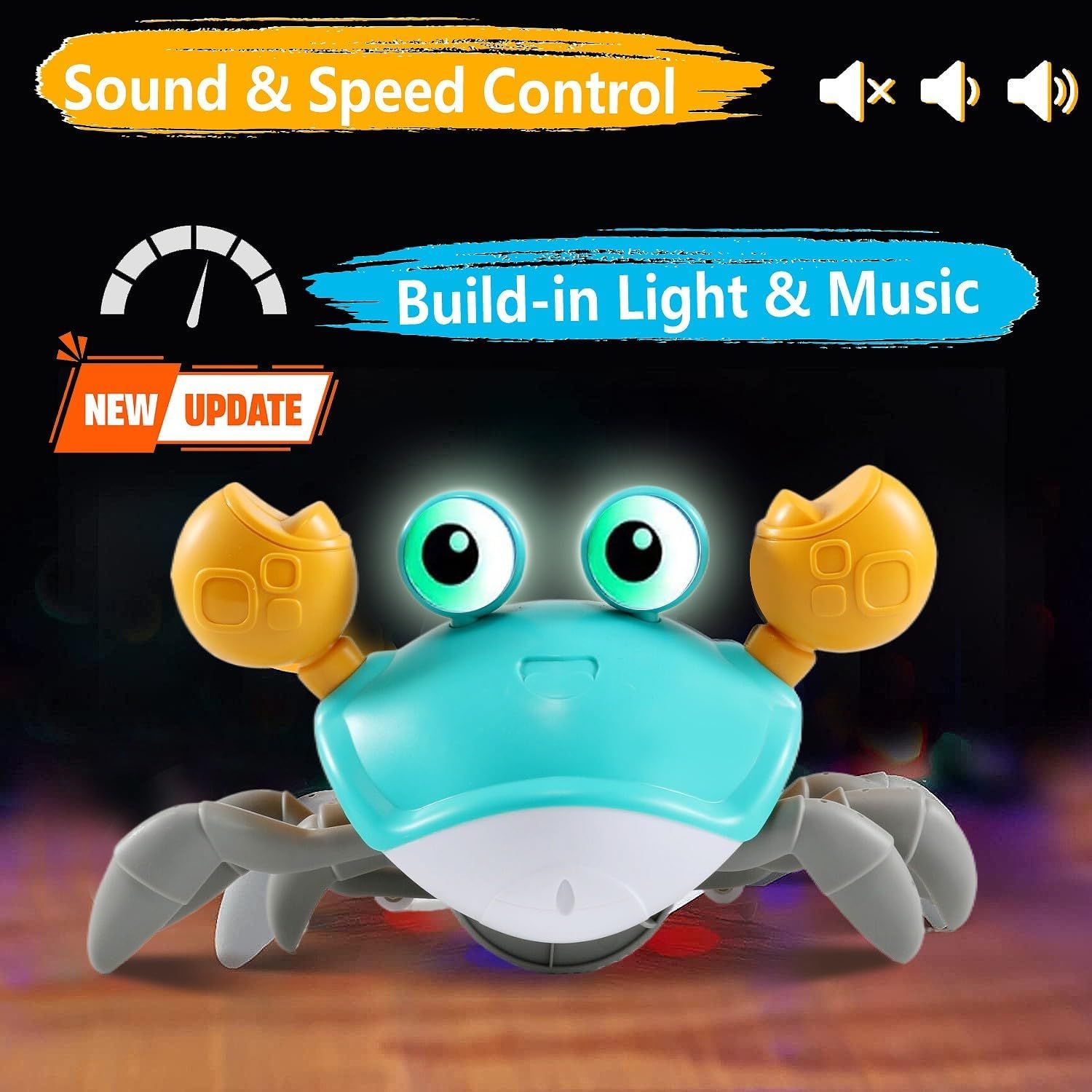 Highlights multiple distinct features of the toy crab—sound and speed control options plus built-in lights and music—to communicate versatility and interactive play value.