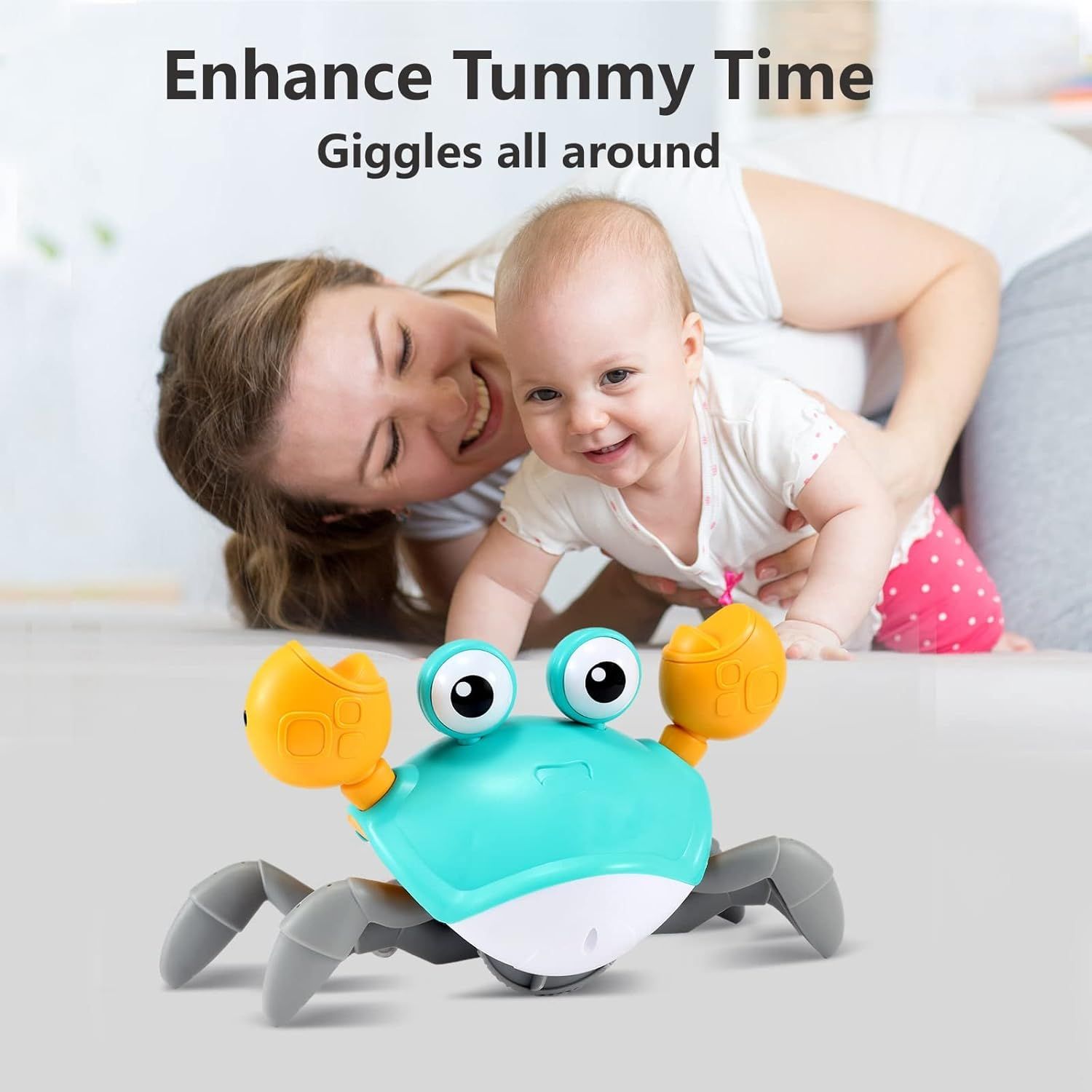 Communicates that the toy enhances tummy time by encouraging giggles and engagement, reassuring parents that it makes developmental play fun and interactive for babies.