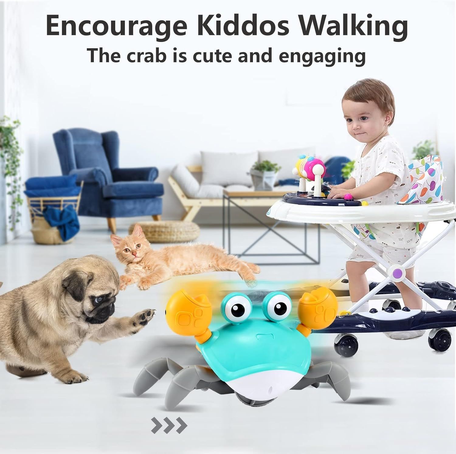 Demonstrates that the toy crab is designed to encourage toddlers to walk by being cute and engaging, creating a fun and motivating play experience for early walkers.