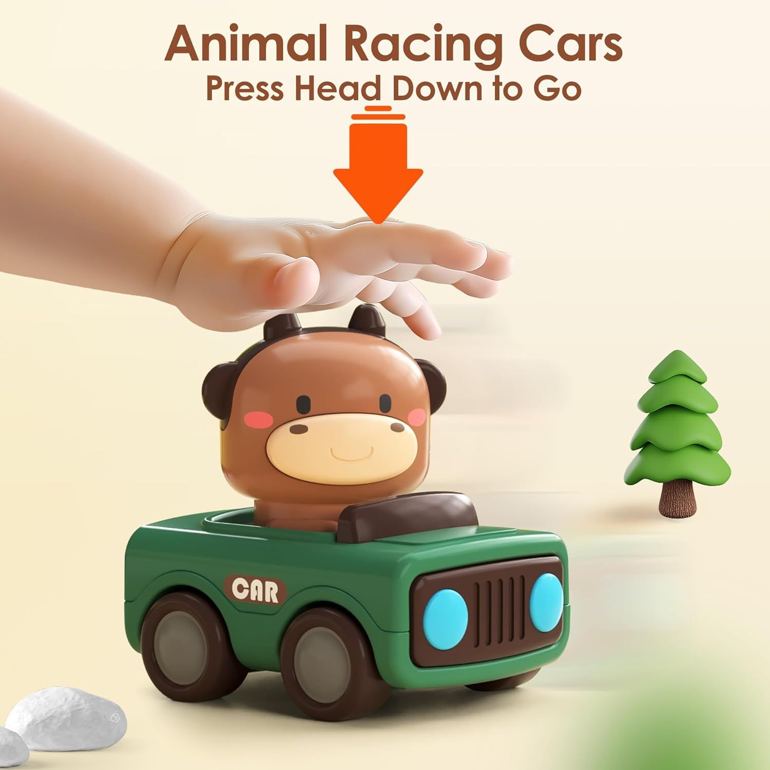 Demonstrates how to activate the toy car by pressing down on the animal character's head, making it easy for parents and children to understand the simple play mechanism. Highlights the simple,…