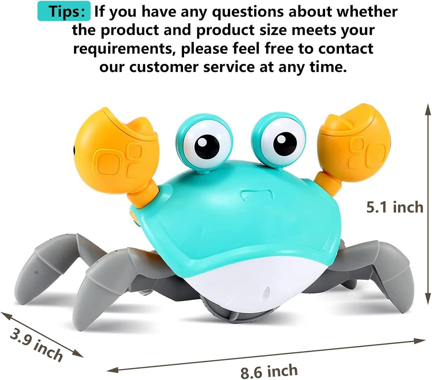 Communicates the exact physical dimensions of the toy crab (8.6 x 3.9 x 5.1 inches) to help shoppers understand the product size and ensure it meets their needs.