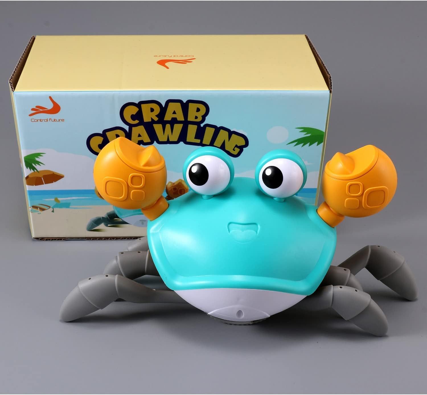 Shows the customer exactly what they will receive: the crawling crab toy and its retail packaging box, helping set clear expectations for the purchase.