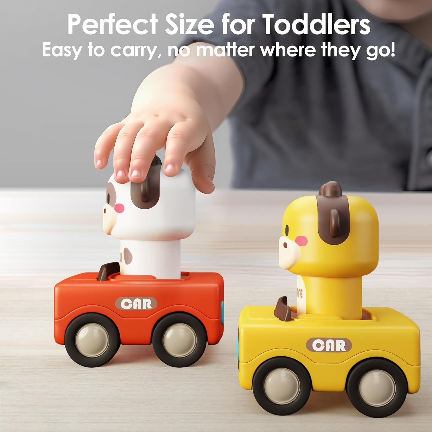 Demonstrates that the toy cars are perfectly sized for toddlers' hands and easy to carry anywhere, reassuring parents about age-appropriate design and portability. Communicates the key benefit that…