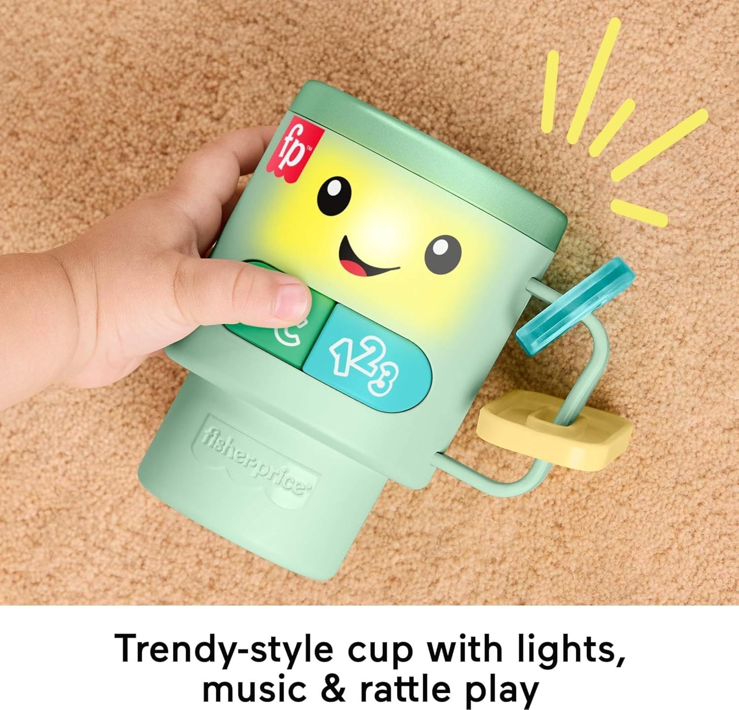 Communicates that this trendy-style cup toy offers engaging sensory play through lights, music, and rattle functionality to entertain and stimulate young children.