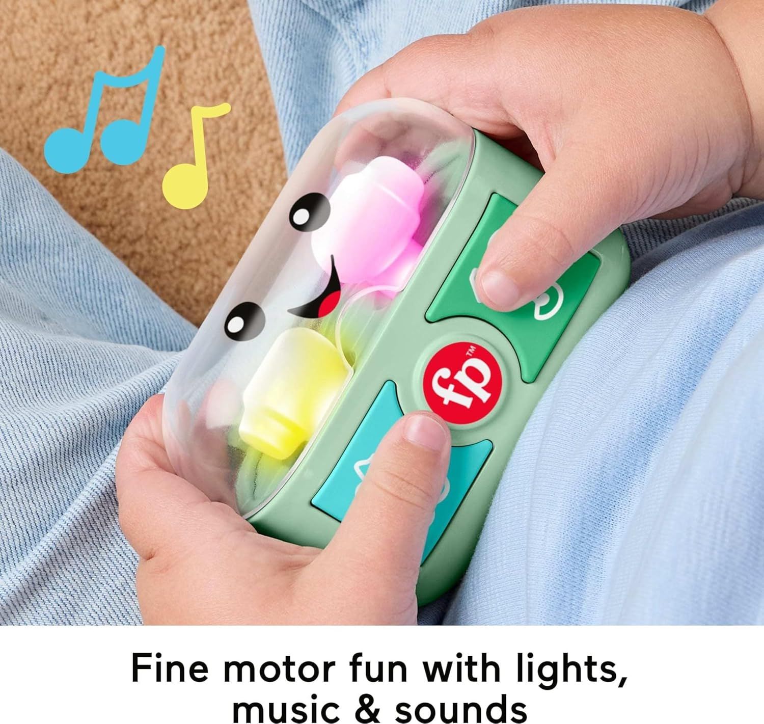 Communicates that the toy provides engaging fine motor skill development through interactive play with sensory features like lights, music, and sounds.