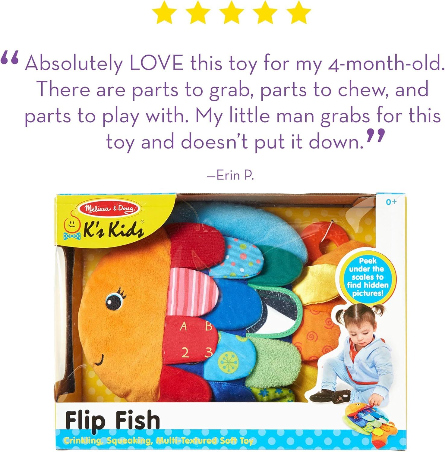 Uses a direct customer quote with 5-star rating to build social proof and emotional trust, showing that real parents love this toy for their babies.