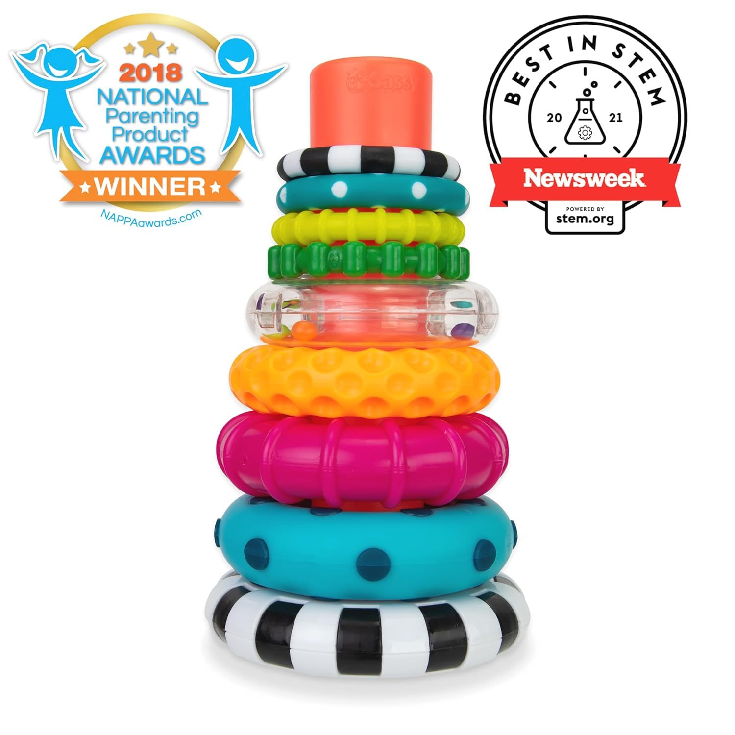 Communicates credibility and trust by showcasing prestigious awards from recognized parenting and STEM organizations, reassuring shoppers that the product is award-winning and endorsed by reputable…