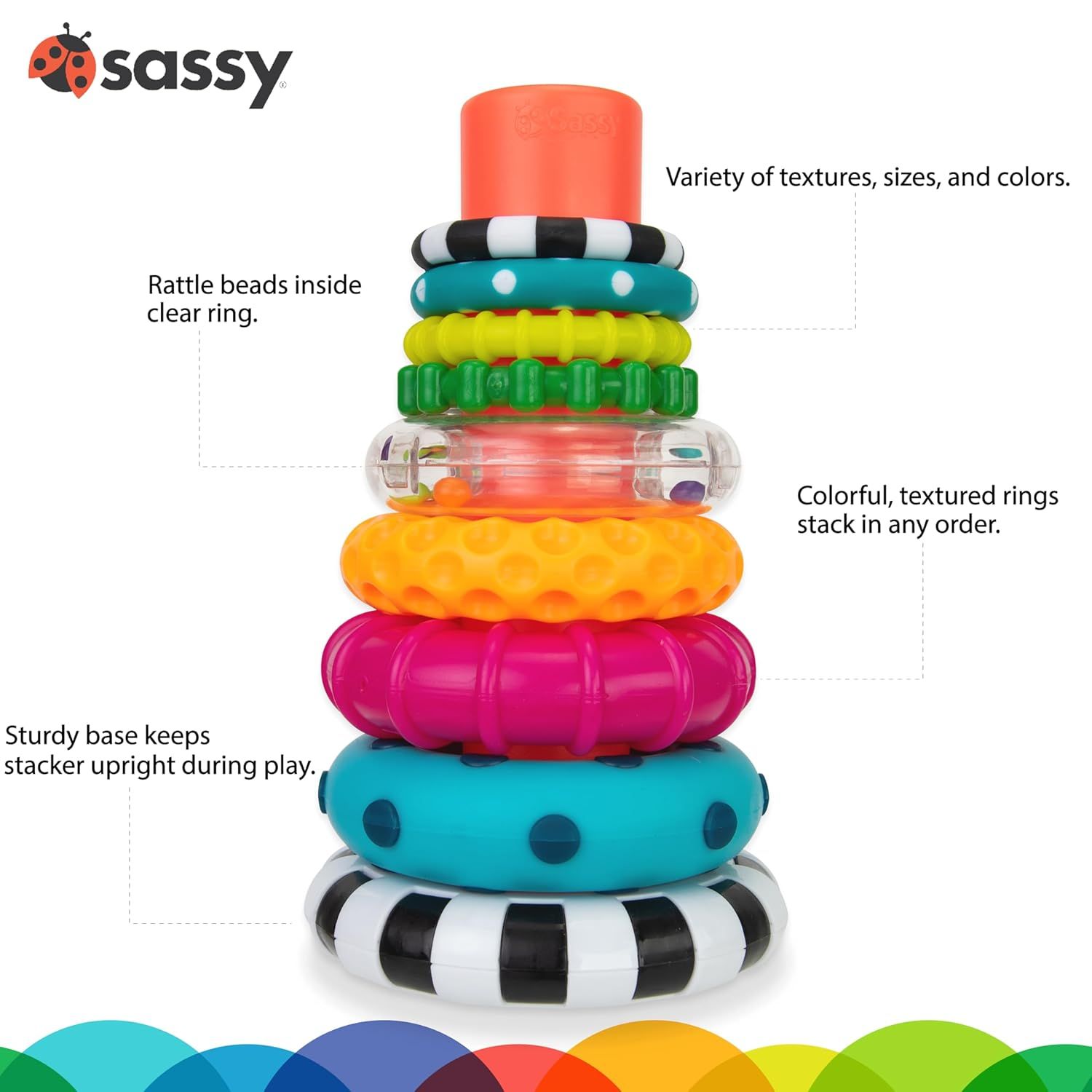 Breaks down the stacking toy's physical components and features to help parents understand the product's construction, sensory variety, and stability during play.