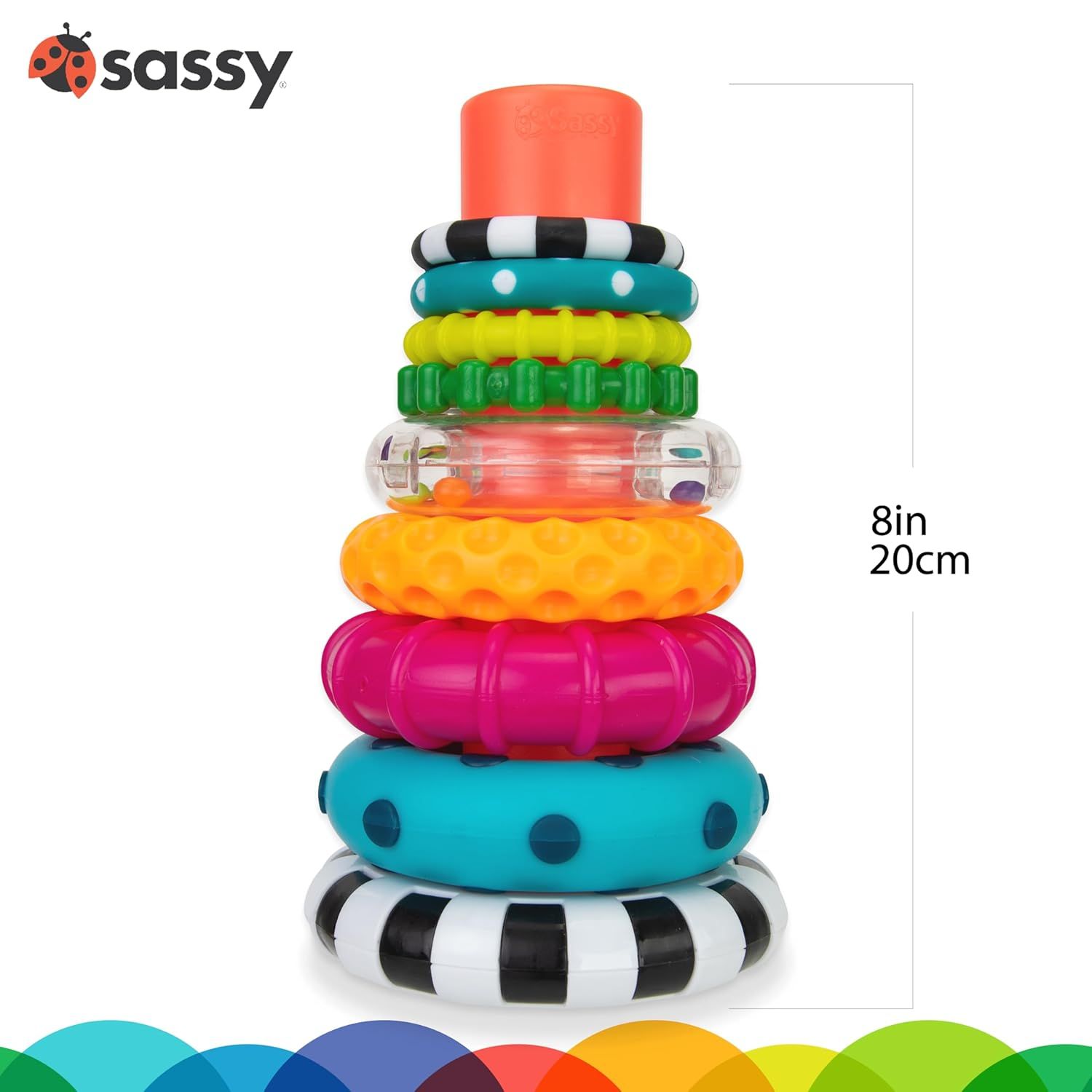 Communicates the physical height of the stacked toy (8 inches/20cm) to help shoppers understand the product's size and scale.