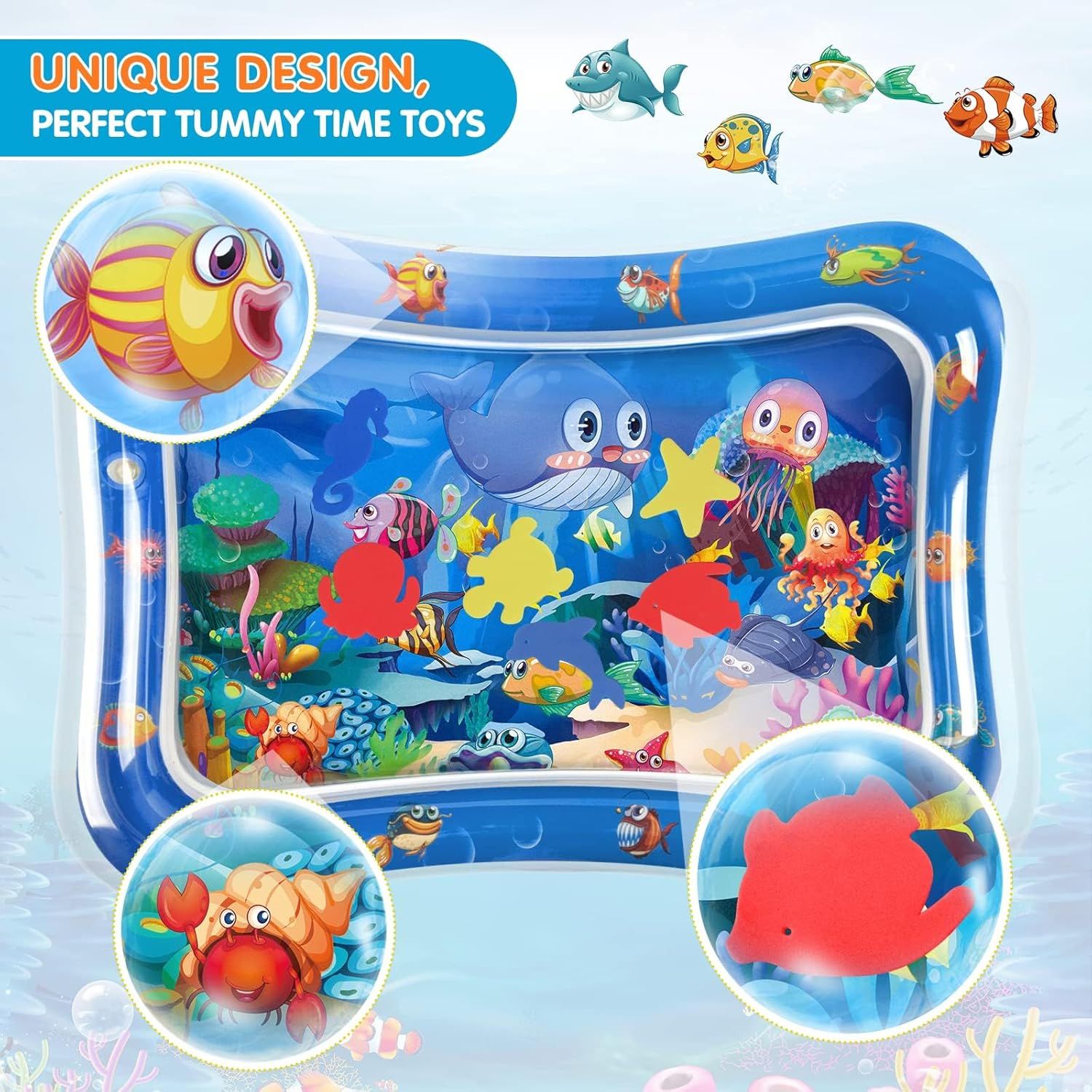 Showcases multiple distinct features of the tummy time toy through segmented circular callouts highlighting different sea creature designs and the overall product layout to demonstrate variety and…
