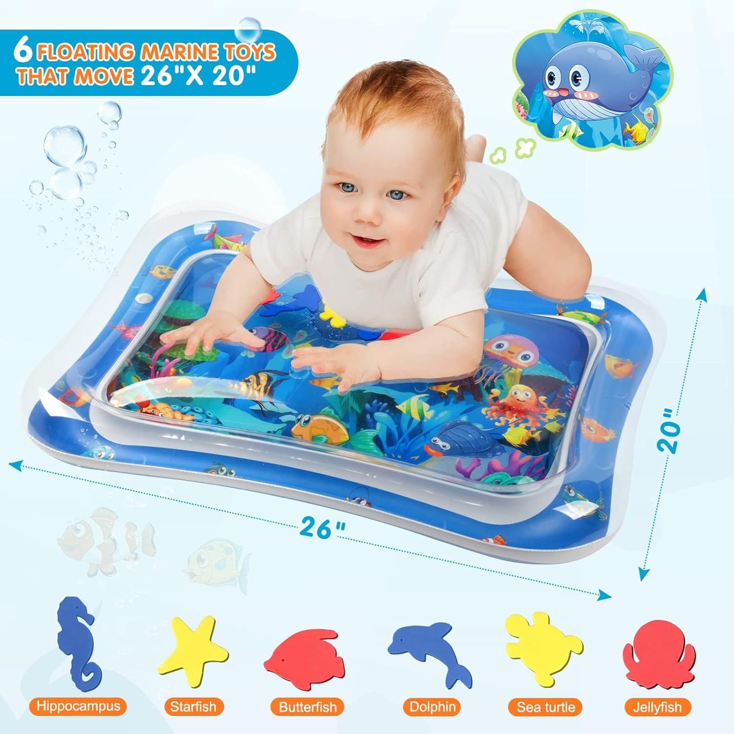 Communicates the physical size of the inflatable water play mat to help shoppers understand if it's appropriately sized for their baby or play space. Shows all the marine-themed toy pieces…