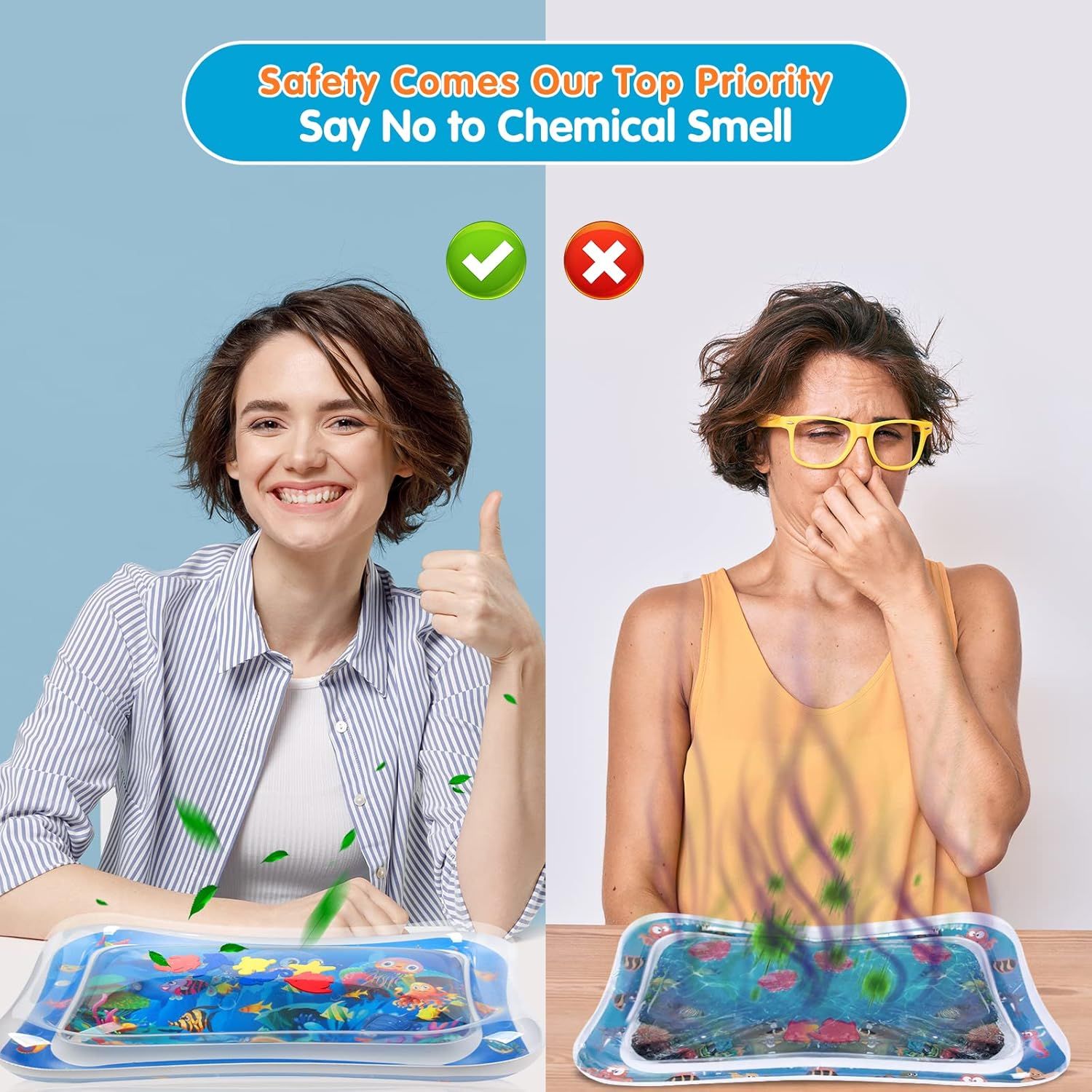 Demonstrates that this product is safe and free from chemical odors, contrasting it with competing products that may have unpleasant smells, reassuring parents about product safety. Emphasizes the…