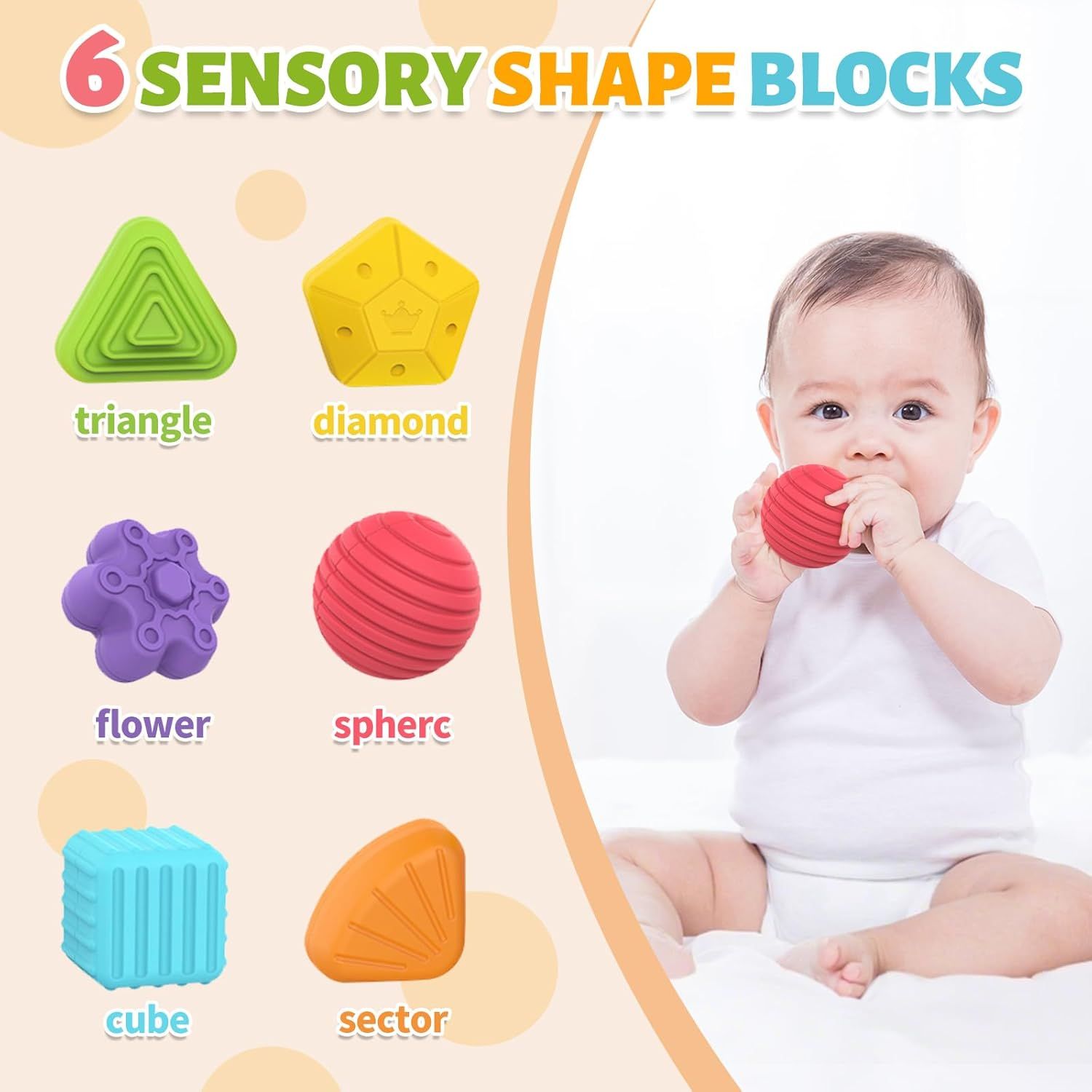 Shows all six sensory shape blocks included in the product set, helping shoppers understand the variety and quantity of items they will receive.