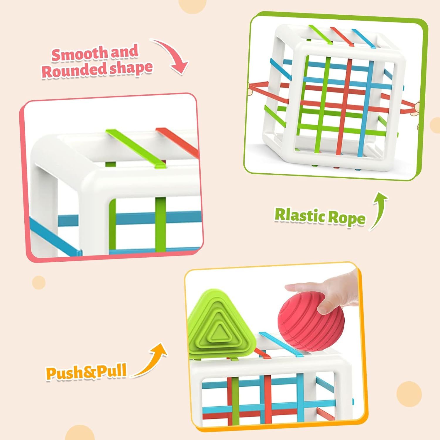 This image breaks down the physical components and design features of the product, highlighting the smooth rounded shape, elastic rope construction, and push-pull functionality to help shoppers…