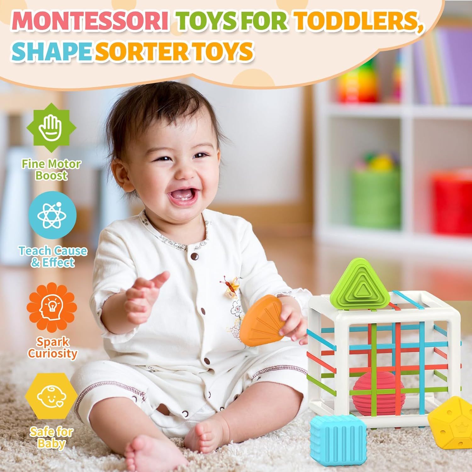 Communicates multiple developmental and safety benefits of the Montessori shape sorter toy to reassure parents that it supports their toddler's learning and is safe to use.