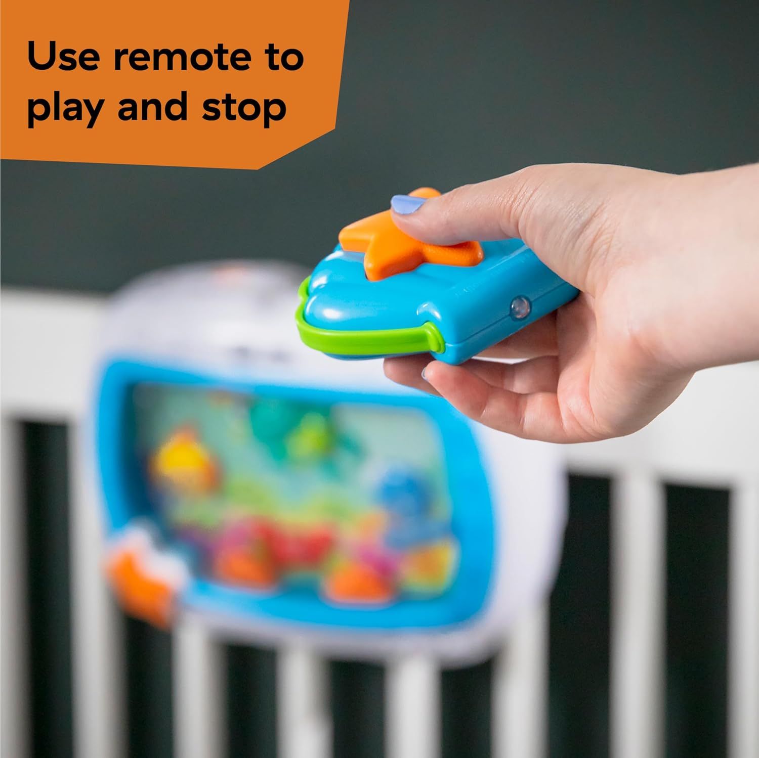 Demonstrates how to use the remote control to play and stop the product, showing ease of use and convenience for parents or caregivers. Highlights the convenience of remote control operation,…