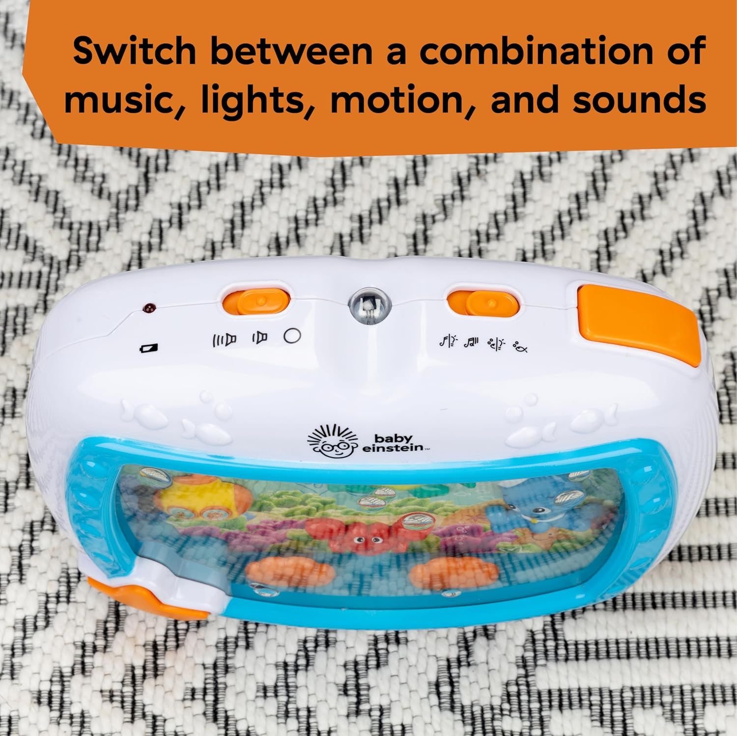 Communicates that the toy offers versatile play modes combining music, lights, motion, and sounds to engage and entertain babies.