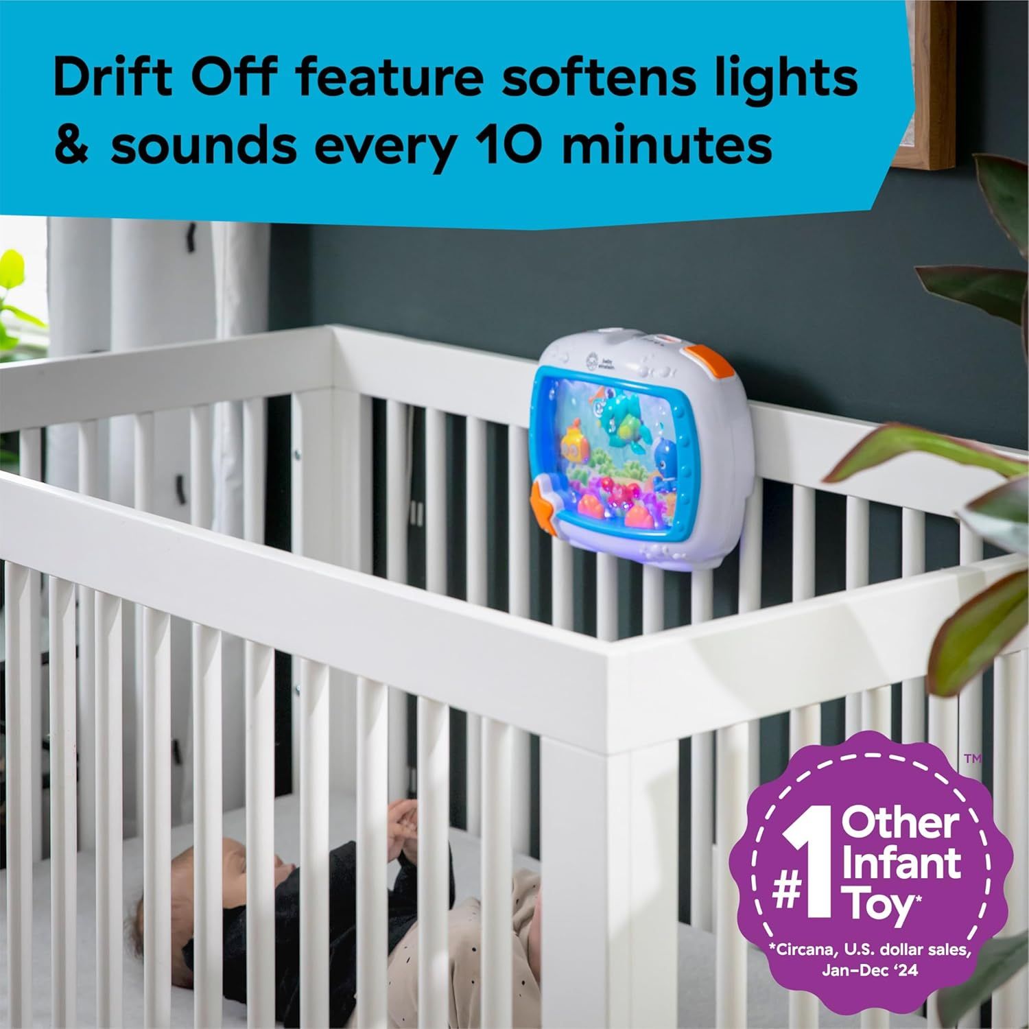 Communicates that the product has a drift-off feature that automatically softens lights and sounds every 10 minutes to help soothe babies to sleep.