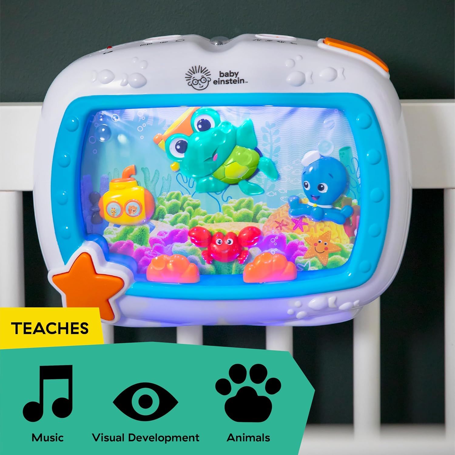 Communicates that this Baby Einstein toy teaches multiple developmental skills through music, visual stimulation, and animal recognition.