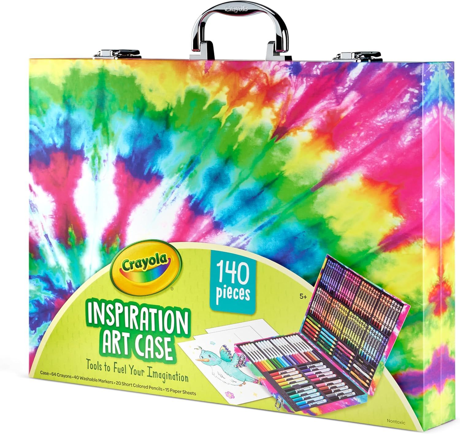 Shows the customer everything included in the art case: 64 crayons, 40 washable markers, 20 short colored pencils, and 15 paper sheets, demonstrating the comprehensive value of the bundle.…